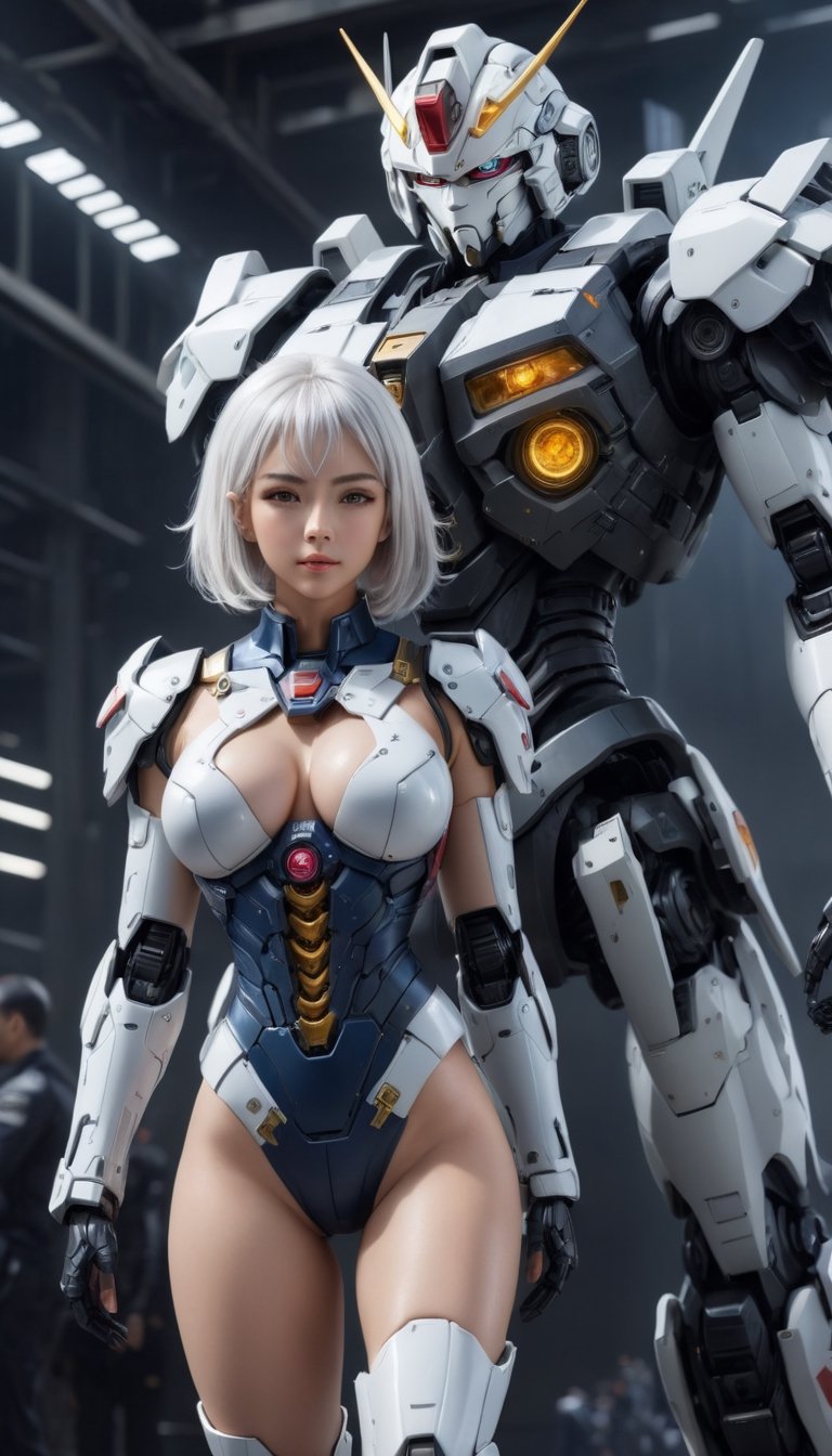 Best quality, original photos,
(Gundam and the cute young white-haired Japanese female operator: 1.2), big breasts,
The female officer standing in the foreground,
Behind it stands a heavy armored battle robot,
Huge, cybertoid, look cam, full body, bold lines, very detailed,
(realistic: 1.4), (interior lighting: 1.4) (fractal: 0.1),
white, sharp focus, masterpiece, high quality,
Shallow depth of field detailed background,
The background is a blurry heavy industry science fiction scene,
convey depth and complexity