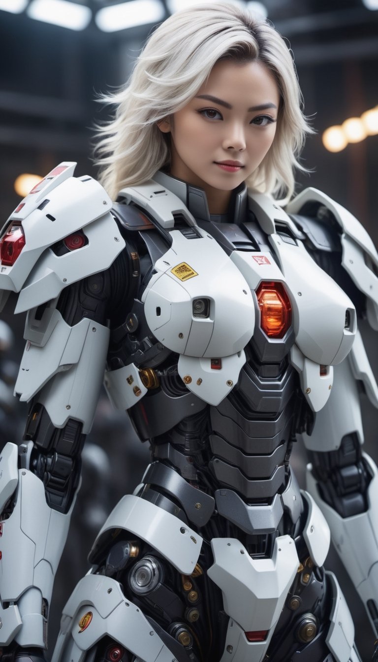 Best quality, original photos,
(Gundam and the cute young white-haired Japanese female operator: 1.2), big breasts,
The female officer standing in the foreground,
Behind it stands a heavy armored battle robot,
Huge, cybertoid, look cam, full body, bold lines, very detailed,
(realistic: 1.4), (interior lighting: 1.4) (fractal: 0.1),
white, sharp focus, masterpiece, high quality,
Shallow depth of field detailed background,
The background is a blurry heavy industry science fiction scene,
convey depth and complexity