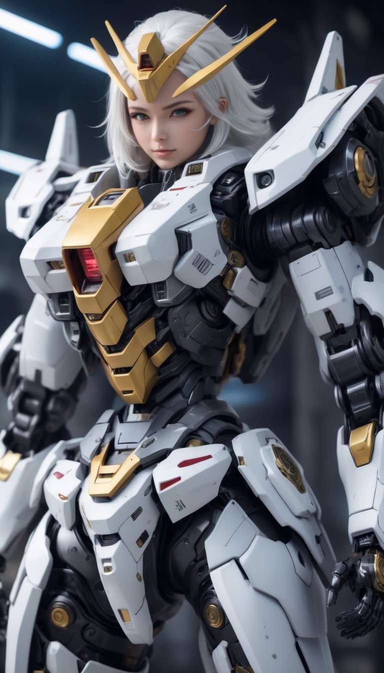 Best quality, original photos,
(Gundam and the cute young white-haired Japanese female operator: 1.2), big breasts,
The female officer standing in the foreground,
Behind it stands a heavy armored battle robot,
Huge, cybertoid, look cam, full body, bold lines, very detailed,
(realistic: 1.4), (interior lighting: 1.4) (fractal: 0.1),
white, sharp focus, masterpiece, high quality,
Shallow depth of field detailed background,
The background is a blurry heavy industry science fiction scene,
convey depth and complexity