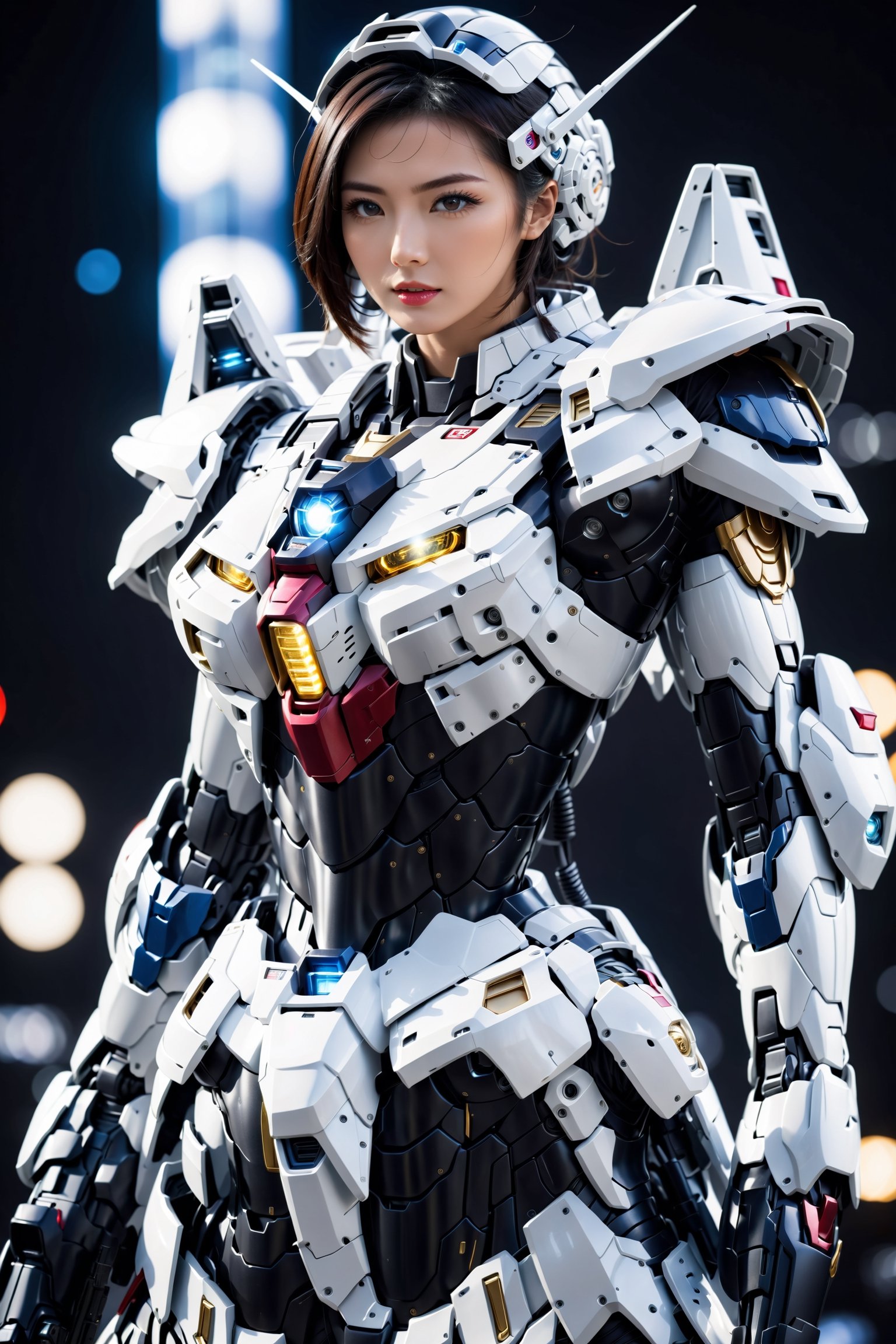 Best quality, original photos,
(Black and white Gundam and cute young Japanese female operator: 1.2) Big breasts,
The female officer standing at the front,
Behind it stood a heavily armored battle robot.
Huge, cybertoid, watch cam, full body, bold lines, very detailed,
(real: 1.4), (internal illumination: 1.4) (fractal: 0.1),
white, sharp focus, masterpiece, high quality,
Shallow depth of field detailed background,
The background is a blurry science fiction scene,
convey depth and complexity