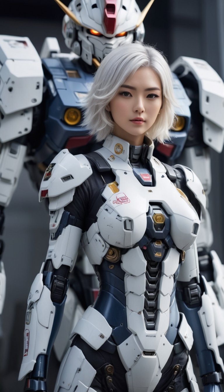 Best quality, original photos,
(Gundam and the cute young white-haired Japanese female operator: 1.2), big breasts,
The female officer standing in the foreground,
Behind it stands a heavy armored battle robot,
Huge, cybertoid, look cam, full body, bold lines, very detailed,
(realistic: 1.4), (interior lighting: 1.4) (fractal: 0.1),
white, sharp focus, masterpiece, high quality,
Shallow depth of field detailed background,
The background is a blurry heavy industry science fiction scene,
convey depth and complexity