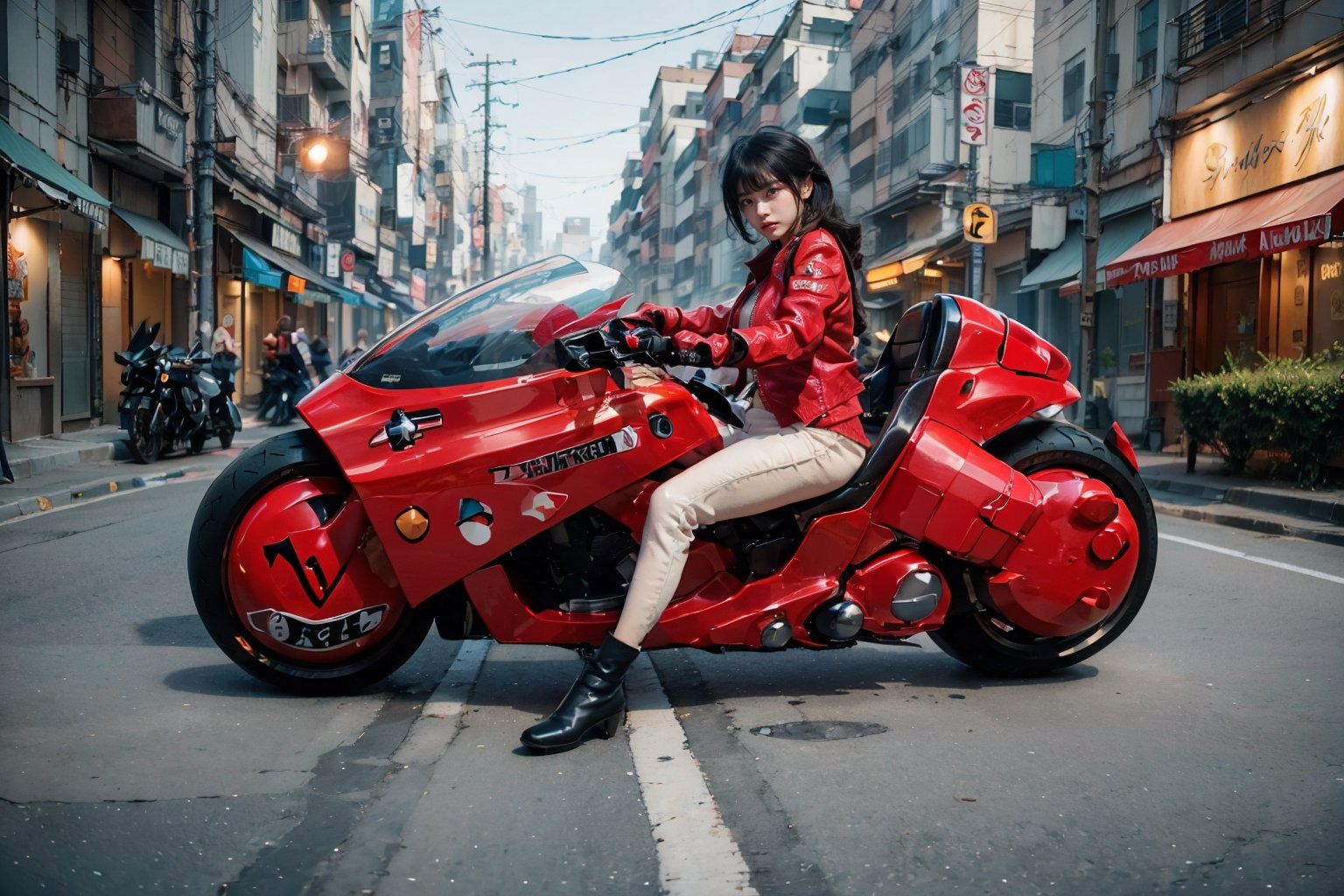(Realistic, Photorealistic: 1.3), Original, Masterpiece, 16K, High Contrast, (Highest Resolution Illustration), Photorealistic: 1.3, Side Light, ((Exquisite Details and Textures)), Cinematic Shot, Ultra Realistic Photo, Siena Natural Proportions, Full Body View, ((Long White Hair, Bangs)), ((1 Girl on a Blue Motorcycle, Wearing a Tight Red and White Leather Jacket)), Detailed Face, Abdomen, ((Kaneda Motorcycle in Perfect Detail)), (AKIRA), Cyberpunk City at Night, ((Futuristic)), sprbk