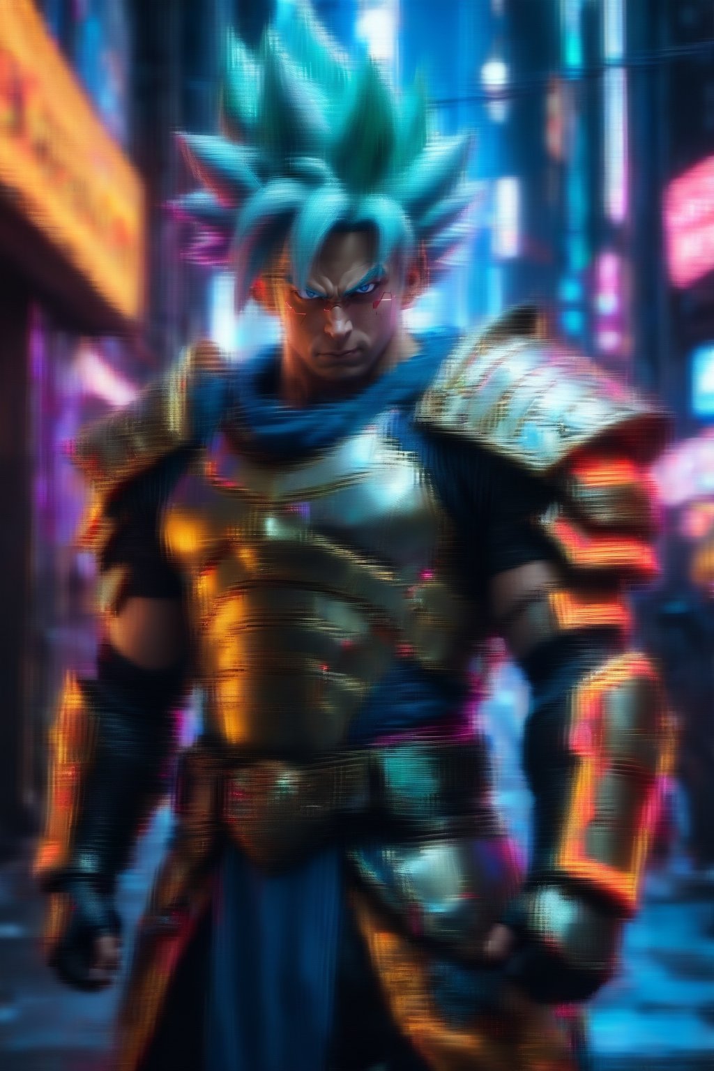 Dragon Ball Goku, wearing medieval armor, cyberpunk city, under neon lights.