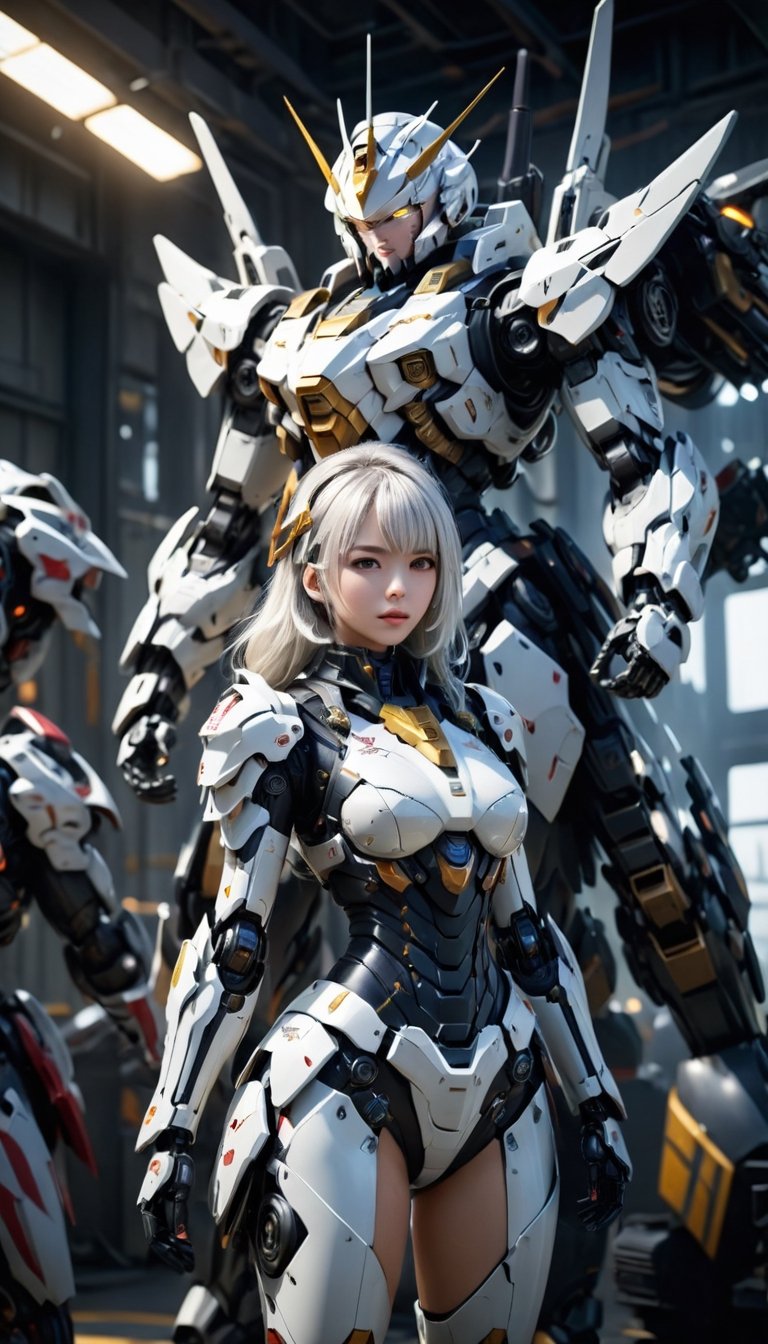 Best quality, original photos,
(Gundam and the cute young white-haired Japanese female operator: 1.2), big breasts,
The female officer standing in the foreground,
Behind it stands a heavy armored battle robot,
Huge, cybertoid, look cam, full body, bold lines, very detailed,
(realistic: 1.4), (interior lighting: 1.4) (fractal: 0.1),
white, sharp focus, masterpiece, high quality,
Shallow depth of field detailed background,
The background is a blurry heavy industry science fiction scene,
convey depth and complexity