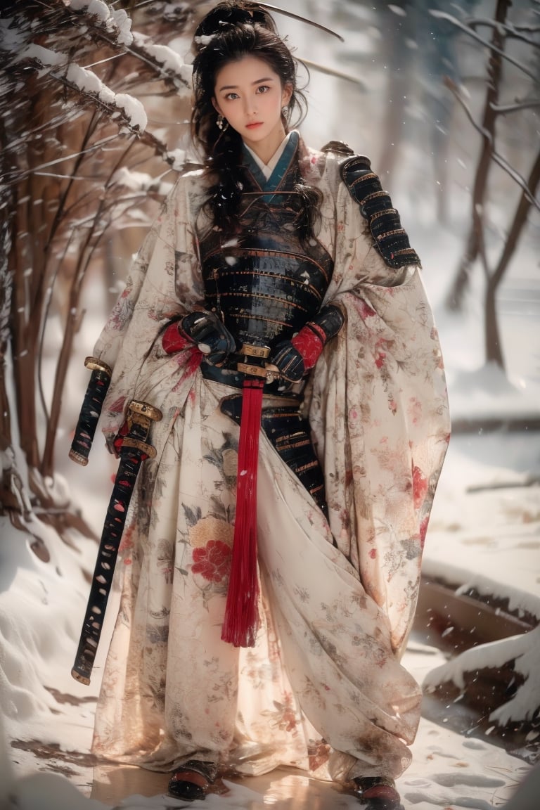 1girl,Sweet,Brigitte Lin, (((full body))) ,large breasts,The background is winter,snowy garden,beautiful girl,Female Samurai, Holding a Japanese Sword, shining bracelet,beautiful hanfu(white, transparent),cape, solo, {beautiful and detailed eyes}, calm expression, natural and soft light, delicate facial features,very small earrings, ((model pose)), Glamor body type, (dark hair:1.2),  beehive,long ponytail,very_long_hair, hair past hip, curly hair, flim grain, realhands, masterpiece, Best Quality, photorealistic, ultra-detailed, finely detailed, high resolution, perfect dynamic composition, beautiful detailed eyes, eye smile, ((nervous and embarrassed)), sharp-focus, full_body, sexy pose,cowboy_shot,Samurai girl,glowing forehead,lighting, Japanese Samurai Sword (Katana),Brigitte01, Taiwan girl