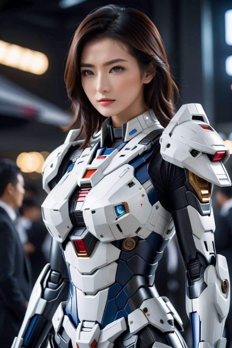 Best quality, original photos,
(Black and white Gundam and cute young Japanese female operator: 1.2) Big breasts,
The female officer standing at the front,
Behind it stood a heavily armored battle robot.
Huge, cybertoid, watch cam, full body, bold lines, very detailed,
(real: 1.4), (internal illumination: 1.4) (fractal: 0.1),
white, sharp focus, masterpiece, high quality,
Shallow depth of field detailed background,
The background is a blurry science fiction scene,
convey depth and complexity