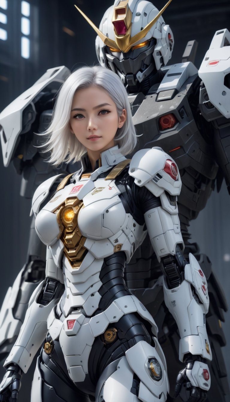 Best quality, original photos,
(Gundam and the cute young white-haired Japanese female operator: 1.2), big breasts,
The female officer standing in the foreground,
Behind it stands a heavy armored battle robot,
Huge, cybertoid, look cam, full body, bold lines, very detailed,
(realistic: 1.4), (interior lighting: 1.4) (fractal: 0.1),
white, sharp focus, masterpiece, high quality,
Shallow depth of field detailed background,
The background is a blurry heavy industry science fiction scene,
convey depth and complexity