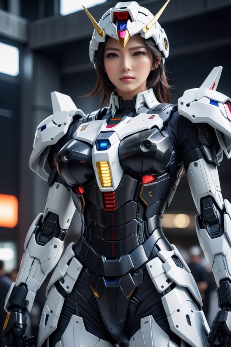 Best quality, original photos,
(Black and white Gundam and cute young Japanese female operator: 1.2) Big breasts,
The female officer standing at the front,
Behind it stood a heavily armored battle robot.
Huge, cybertoid, watch cam, full body, bold lines, very detailed,
(real: 1.4), (internal illumination: 1.4) (fractal: 0.1),
white, sharp focus, masterpiece, high quality,
Shallow depth of field detailed background,
The background is a blurry science fiction scene,
convey depth and complexity