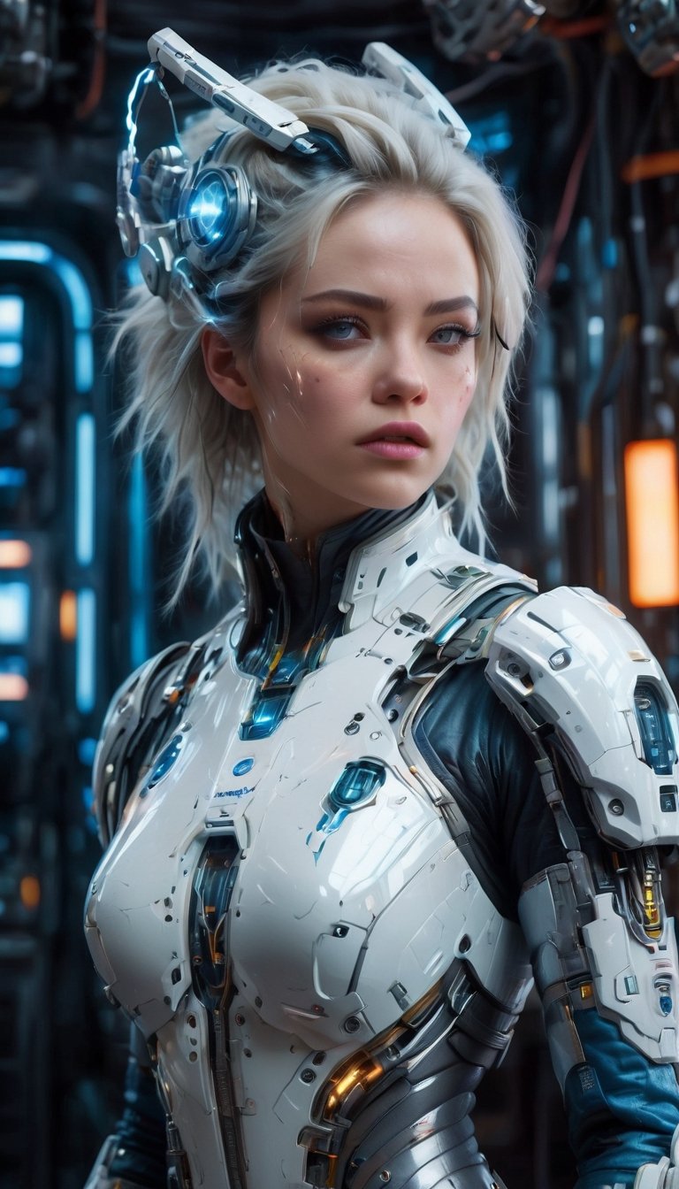 1girl, woman in high-tech space suit, through transparent visor,A look of relief,
beautiful face visible through transparent visor, white gloves, intricate blue mechanical vial,((holding jar containing lightning)), elaborate spaceship background,photo_b00ster,sad. 1 girl, huge breasts, huge body, messy white hair, realistic, perfect murge, 
,Mecha body,Young beauty spirit .Best Quality, photorealistic, ultra-detailed, finely detailed, high resolution, perfect dynamic composition, sharp-focus,b3rli,dongtan dress,mature female,naked bandage