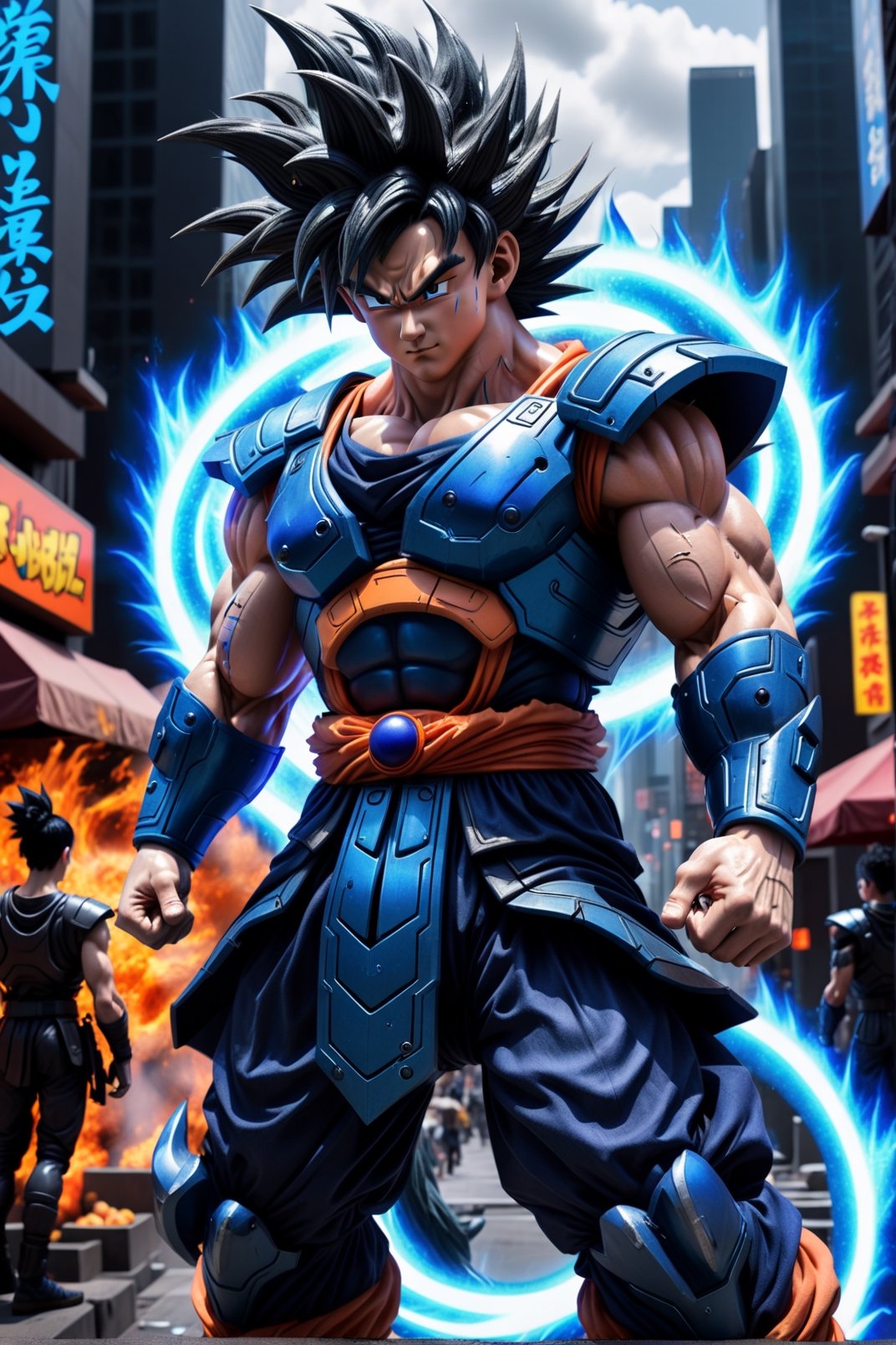 Super detailed live-action Dragon Ball Goku, strong exaggerated body, surrounded by blue energy, wearing armor, cyberpunk city, movie environment.