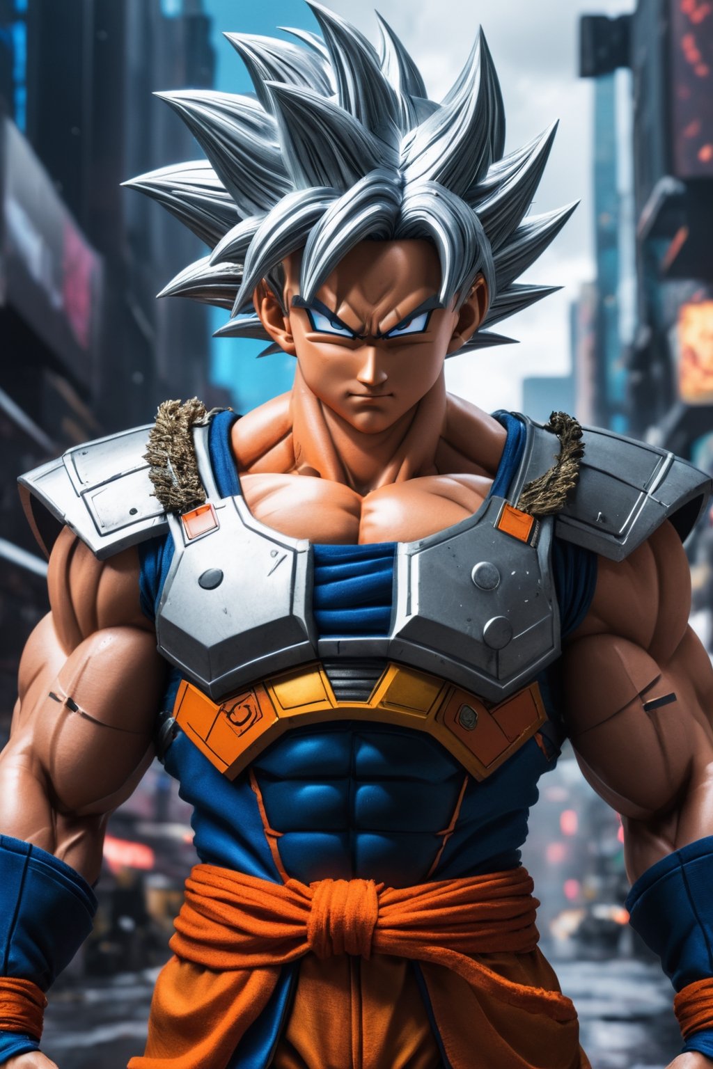 Super detailed Dragon Ball Goku, strong body, wearing armor, cyberpunk city, movie environment.