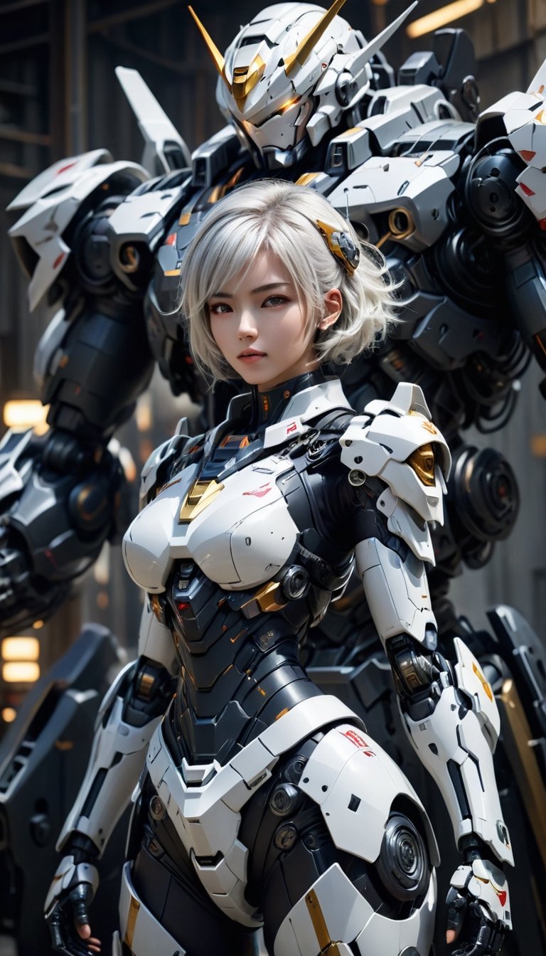 Best quality, original photos,
(Gundam and the cute young white-haired Japanese female operator: 1.2), big breasts,
The female officer standing in the foreground,
Behind it stands a heavy armored battle robot,
Huge, cybertoid, look cam, full body, bold lines, very detailed,
(realistic: 1.4), (interior lighting: 1.4) (fractal: 0.1),
white, sharp focus, masterpiece, high quality,
Shallow depth of field detailed background,
The background is a blurry heavy industry science fiction scene,
convey depth and complexity