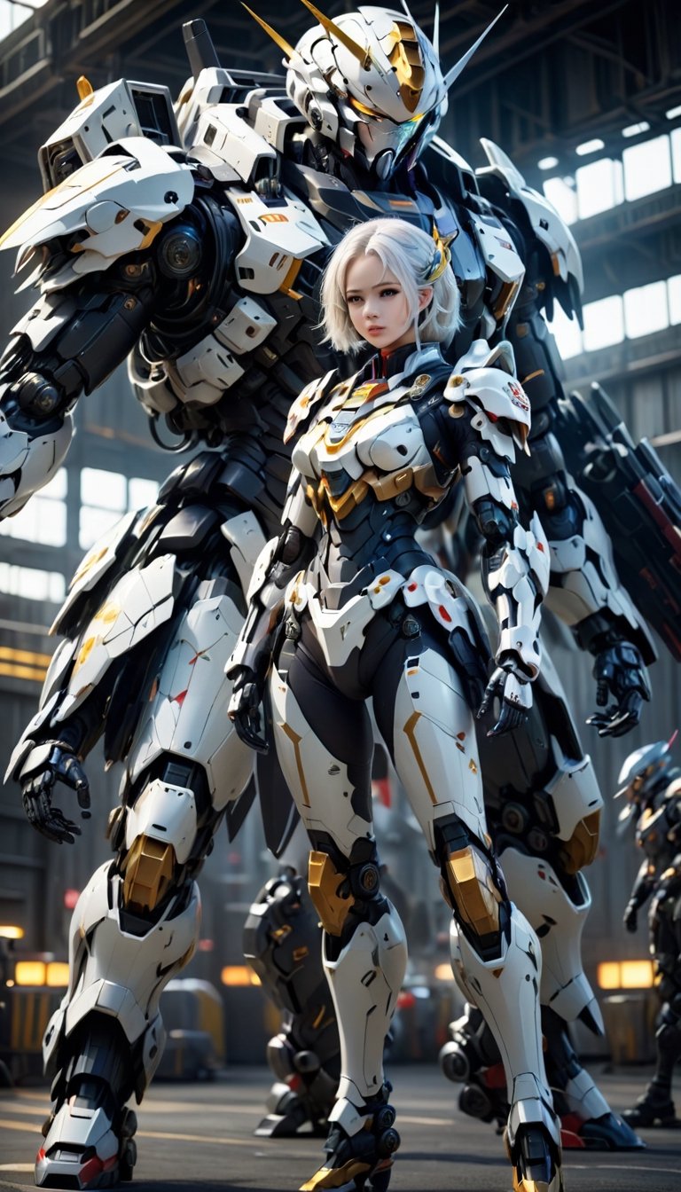 Best quality, original photos,
(Gundam and the cute young white-haired Japanese female operator: 1.2), big breasts,
The female officer standing in the foreground,
Behind it stands a heavy armored battle robot,
Huge, cybertoid, look cam, full body, bold lines, very detailed,
(realistic: 1.4), (interior lighting: 1.4) (fractal: 0.1),
white, sharp focus, masterpiece, high quality,
Shallow depth of field detailed background,
The background is a blurry heavy industry science fiction scene,
convey depth and complexity