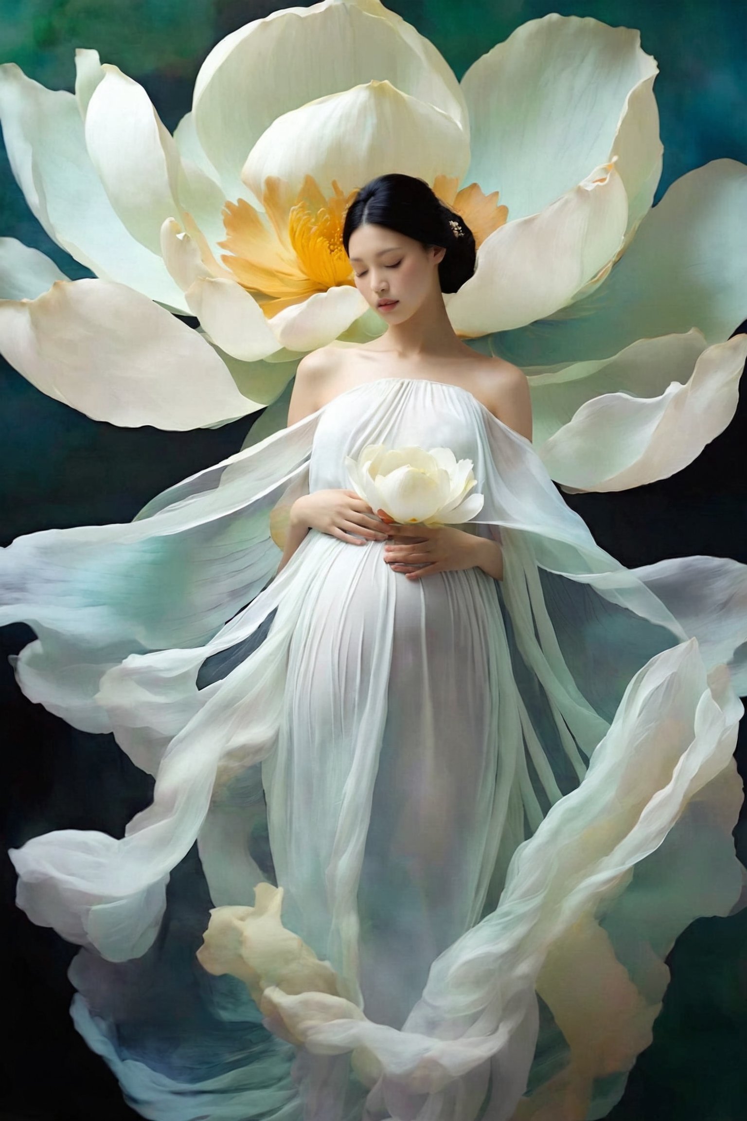 1girl, solo, black hair, bare shoulders, upper body, closed eyes, flower, sleeveless, white dress, silk, floating dress, ((pregnant))