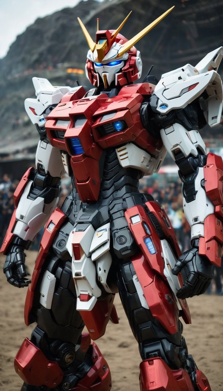 Best quality, original photos,
(Red, white and black Gundam and men: 1.2), strong body
The male officer standing at the front,
Behind it stands a red, blue and yellow heavy armored combat robot.
Huge, cybertoid, watch cam, full body, bold lines, very detailed,
(real: 1.4), (internal illumination: 1.4) (fractal: 0.1),
white, sharp focus, masterpiece, high quality,
Shallow depth of field detailed background,
The background is a blurry science fiction scene,
convey depth and complexity