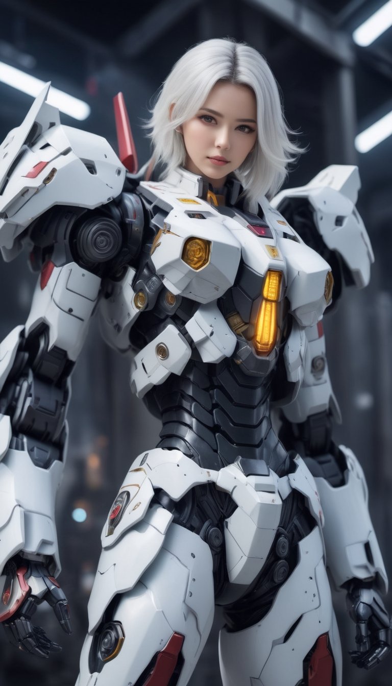 Best quality, original photos,
(Gundam and the cute young white-haired Japanese female operator: 1.2), big breasts,
The female officer standing in the foreground,
Behind it stands a heavy armored battle robot,
Huge, cybertoid, look cam, full body, bold lines, very detailed,
(realistic: 1.4), (interior lighting: 1.4) (fractal: 0.1),
white, sharp focus, masterpiece, high quality,
Shallow depth of field detailed background,
The background is a blurry heavy industry science fiction scene,
convey depth and complexity