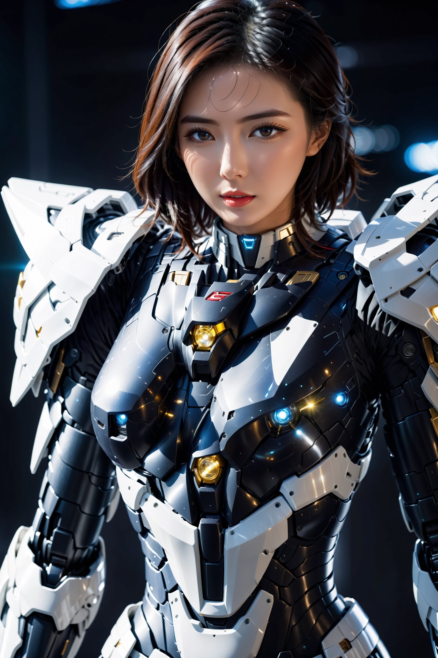 Best quality, original photos,
(Black and white Gundam and cute young Japanese female operator: 1.2) Big breasts,
The female officer standing at the front,
Behind it stood a heavily armored battle robot.
Huge, cybertoid, watch cam, full body, bold lines, very detailed,
(real: 1.4), (internal illumination: 1.4) (fractal: 0.1),
white, sharp focus, masterpiece, high quality,
Shallow depth of field detailed background,
The background is a blurry science fiction scene,
convey depth and complexity