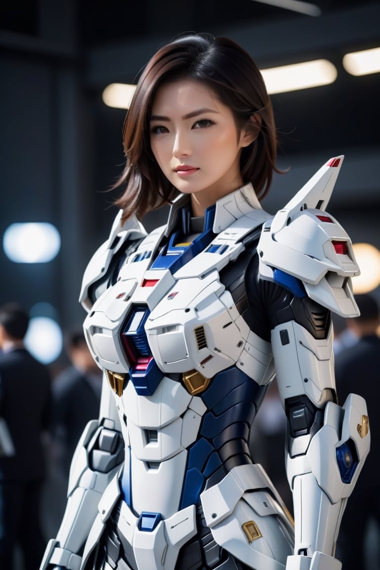 Best quality, original photos,
(Black and white Gundam and cute young Japanese female operator: 1.2) Big breasts,
The female officer standing at the front,
Behind it stood a heavily armored battle robot.
Huge, cybertoid, watch cam, full body, bold lines, very detailed,
(real: 1.4), (internal illumination: 1.4) (fractal: 0.1),
white, sharp focus, masterpiece, high quality,
Shallow depth of field detailed background,
The background is a blurry science fiction scene,
convey depth and complexity