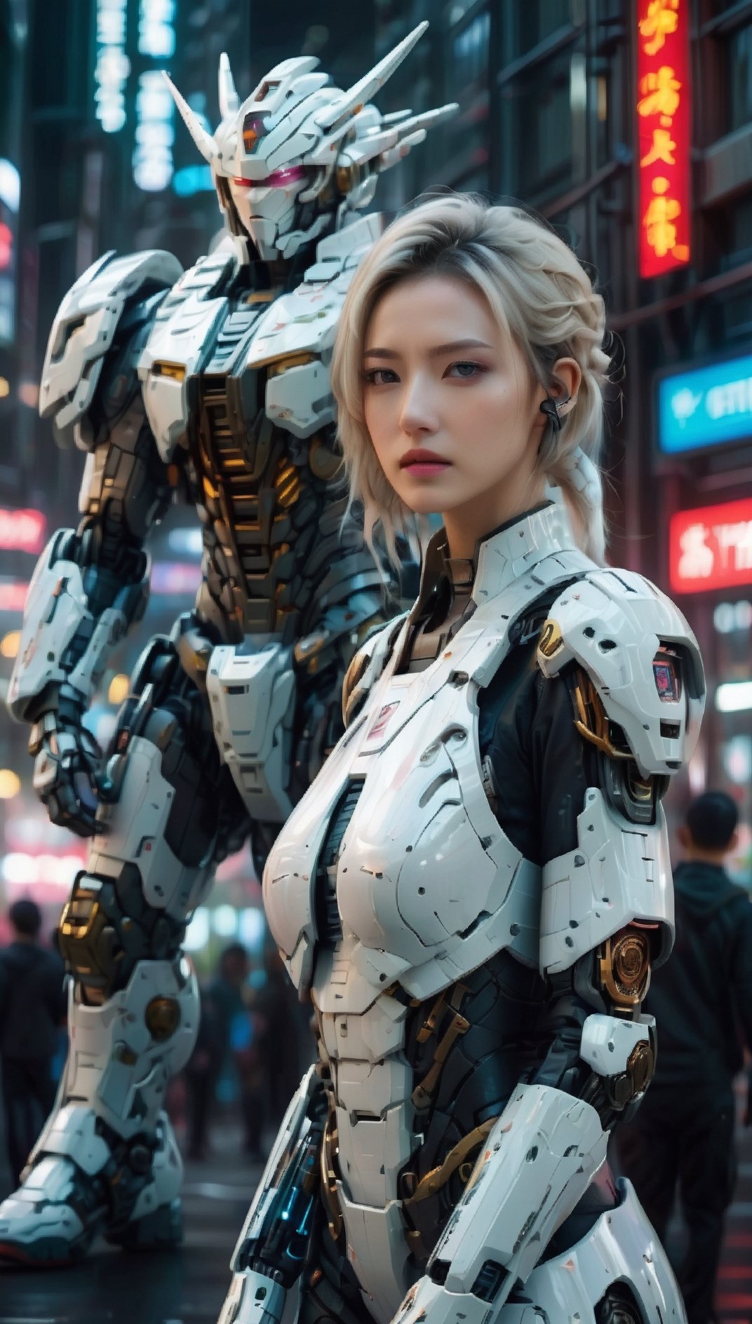 Best quality, Raw photo, 
(a Gundam and A young and white color hair cute japanese female operator: 1.2)，
female officer standing foreground ,
Heavy armored battle robot standing behind，
huge, cybertoid, look at cam, full body, bold lines, highly detailed, 
(realistic:1.4), （indoor lighting: 1.4）(fractal:0.1), 
White color, sharp focus, masterpiece, high quality, 
shallow depth of field detailed background,
The background is a blurred Heavy industryscience-fiction setting, 
conveying depth and complexity