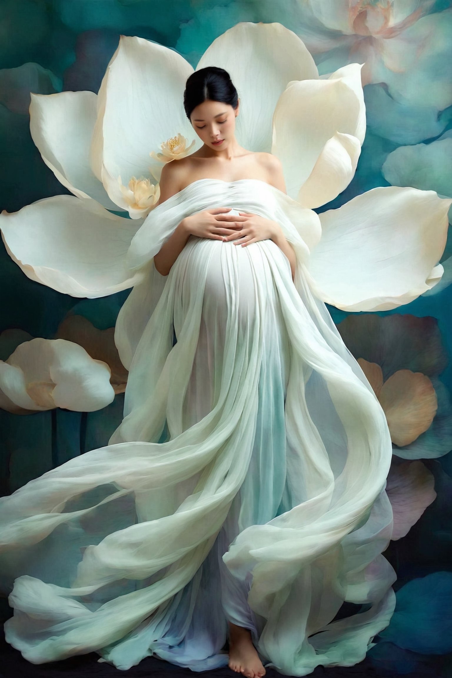 1girl, solo, black hair, bare shoulders, upper body, closed eyes, flower, sleeveless, white dress, silk, floating dress, ((pregnant))