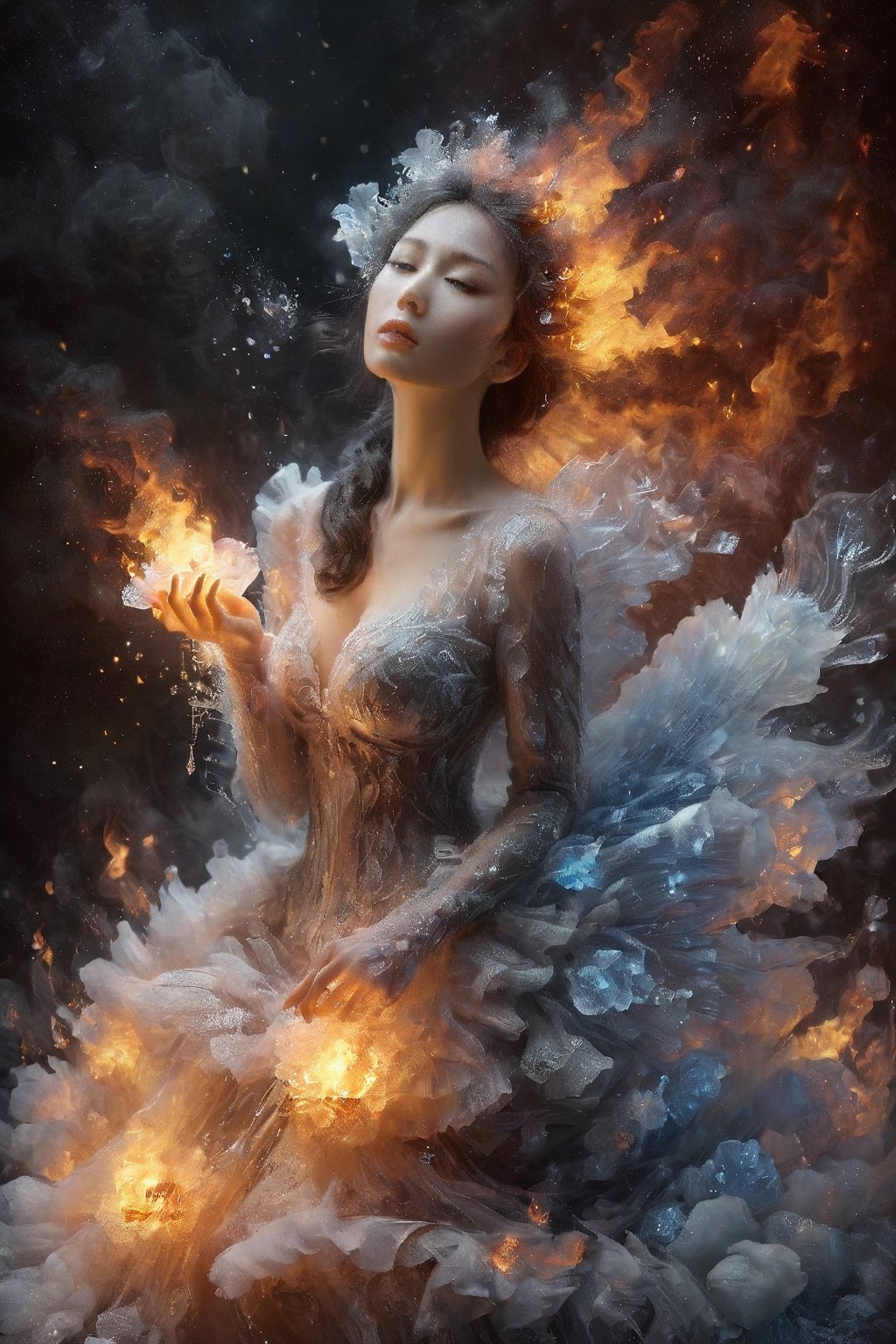 Beautiful female, made with black on white smoky layers, floating embers,  surrealism,faize, ice flowers, fire flowers