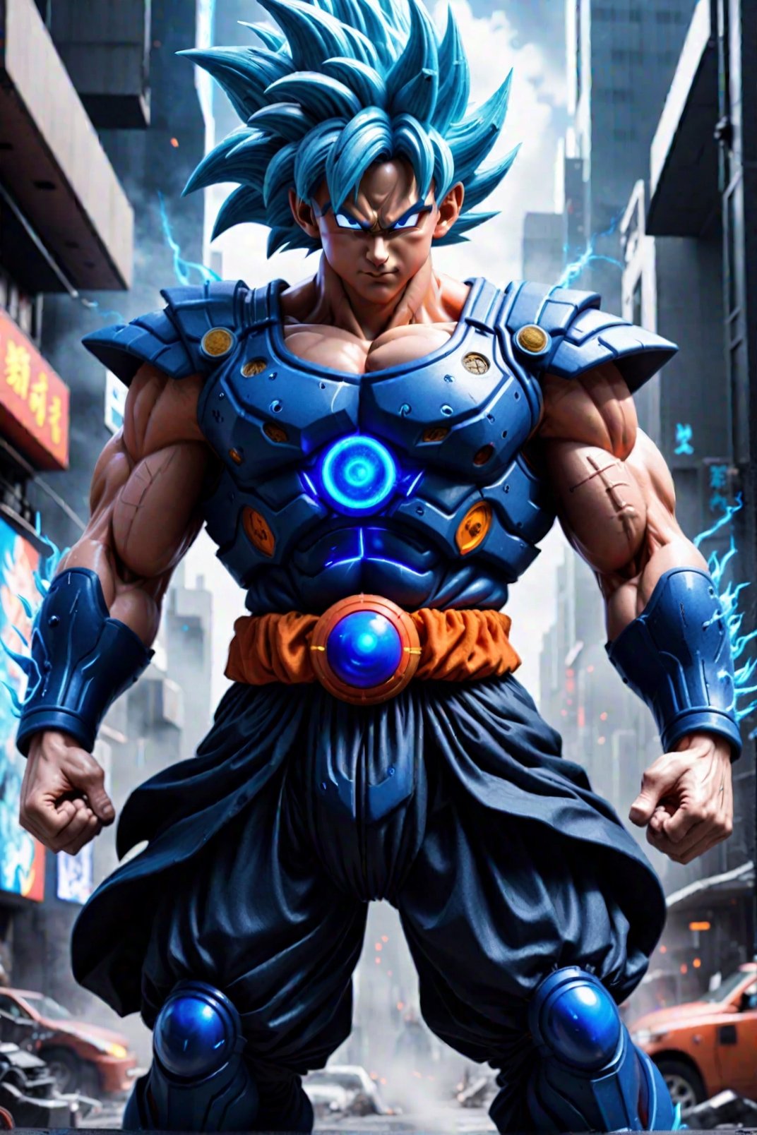 Super detailed live-action Dragon Ball Goku, strong exaggerated body, surrounded by blue energy, wearing armor, cyberpunk city, movie environment.