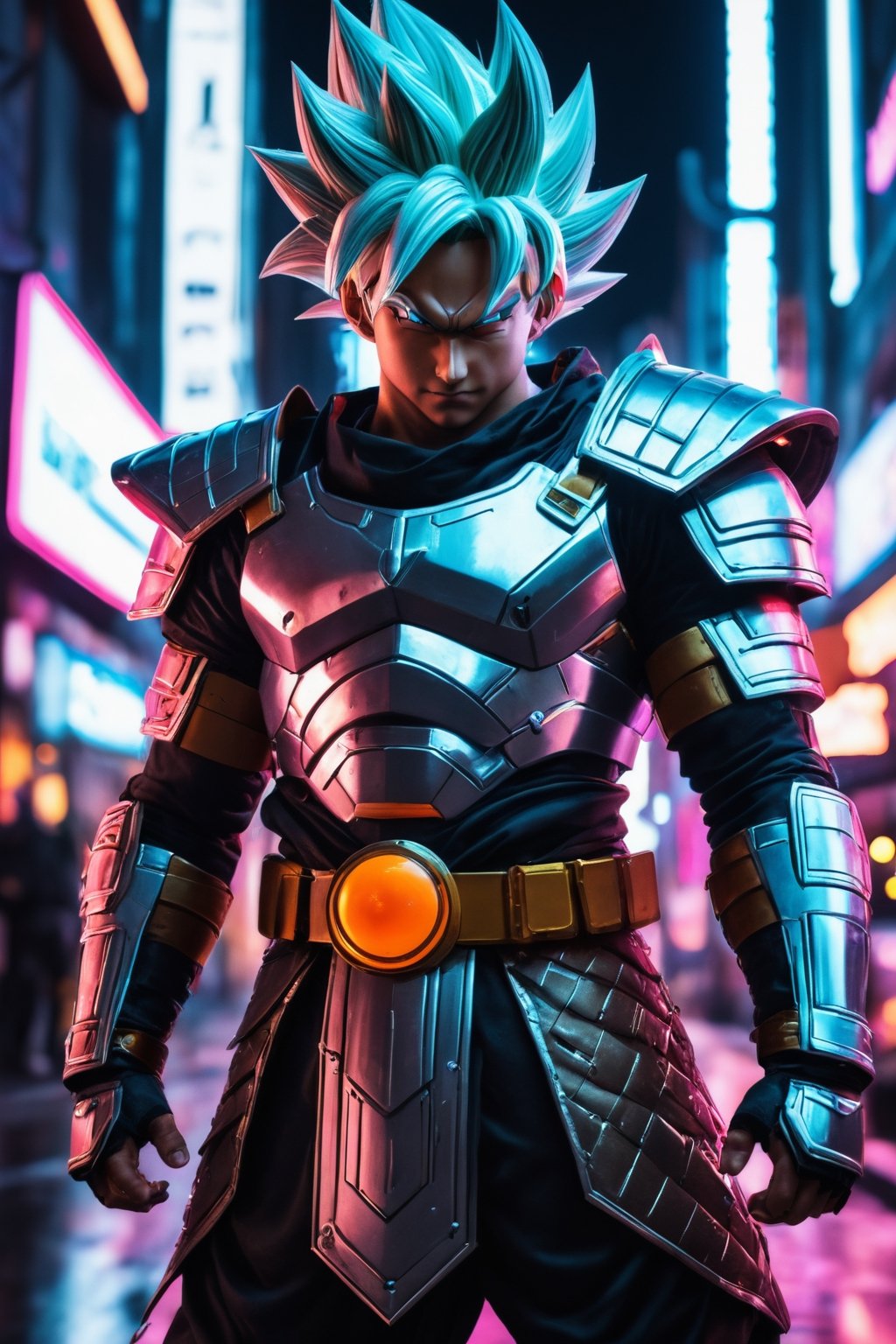 Dragon Ball Goku, wearing medieval armor, cyberpunk city, under neon lights.