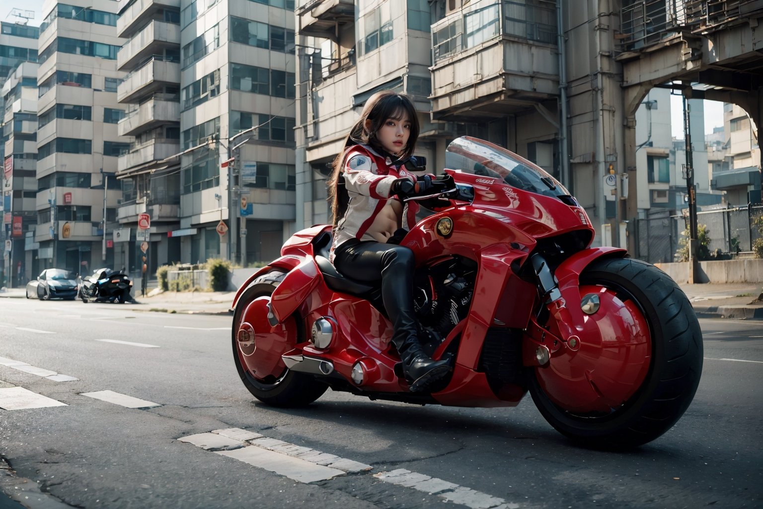 (Realistic, Photorealistic: 1.3), Original, Masterpiece, 16K, High Contrast, (Highest Resolution Illustration), Photorealistic: 1.3, Side Light, ((Exquisite Details and Textures)), Cinematic Shot, Ultra Realistic Photo, Siena Natural Proportions, Full Body View, ((Long White Hair, Bangs)), ((1 Girl on a Blue Motorcycle, Wearing a Tight Red and White Leather Jacket)), Detailed Face, Abdomen, ((Kaneda Motorcycle in Perfect Detail)), (AKIRA), Cyberpunk City at Night, ((Futuristic)), sprbk