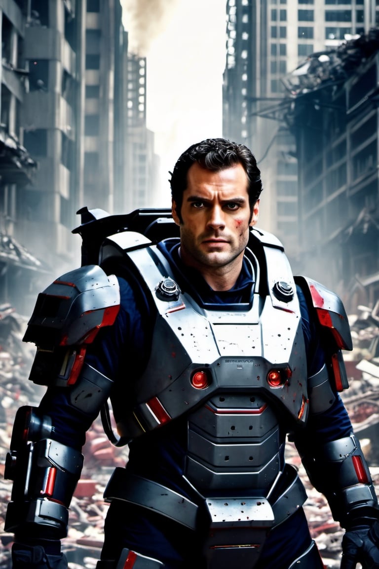 cinematic film still, darkly moody professional photograph, (man in intricately detailed heavy duty mech suit, pistons, armor plating, heavy weapons:1.4) , black hair, stubble, grim expression, (dirty face:1.4), (henry cavill|hugh jackman:1.3), (sweaty, dirty, filthy, dried blood:1.3), (explosions, ruined futuristic city, fighting everywhere, rubble, scorch marks, bullet holes:1.5), dynamic angle, professional, moody cinematic lighting, highly detailed, high budget, bokeh, cinemascope, moody, epic, gorgeous,