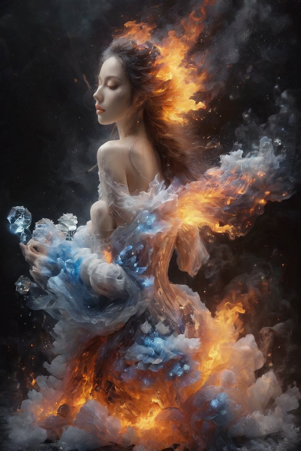 Beautiful female, made with black on white smoky layers, floating embers,  surrealism,faize, ice flowers, fire flowers