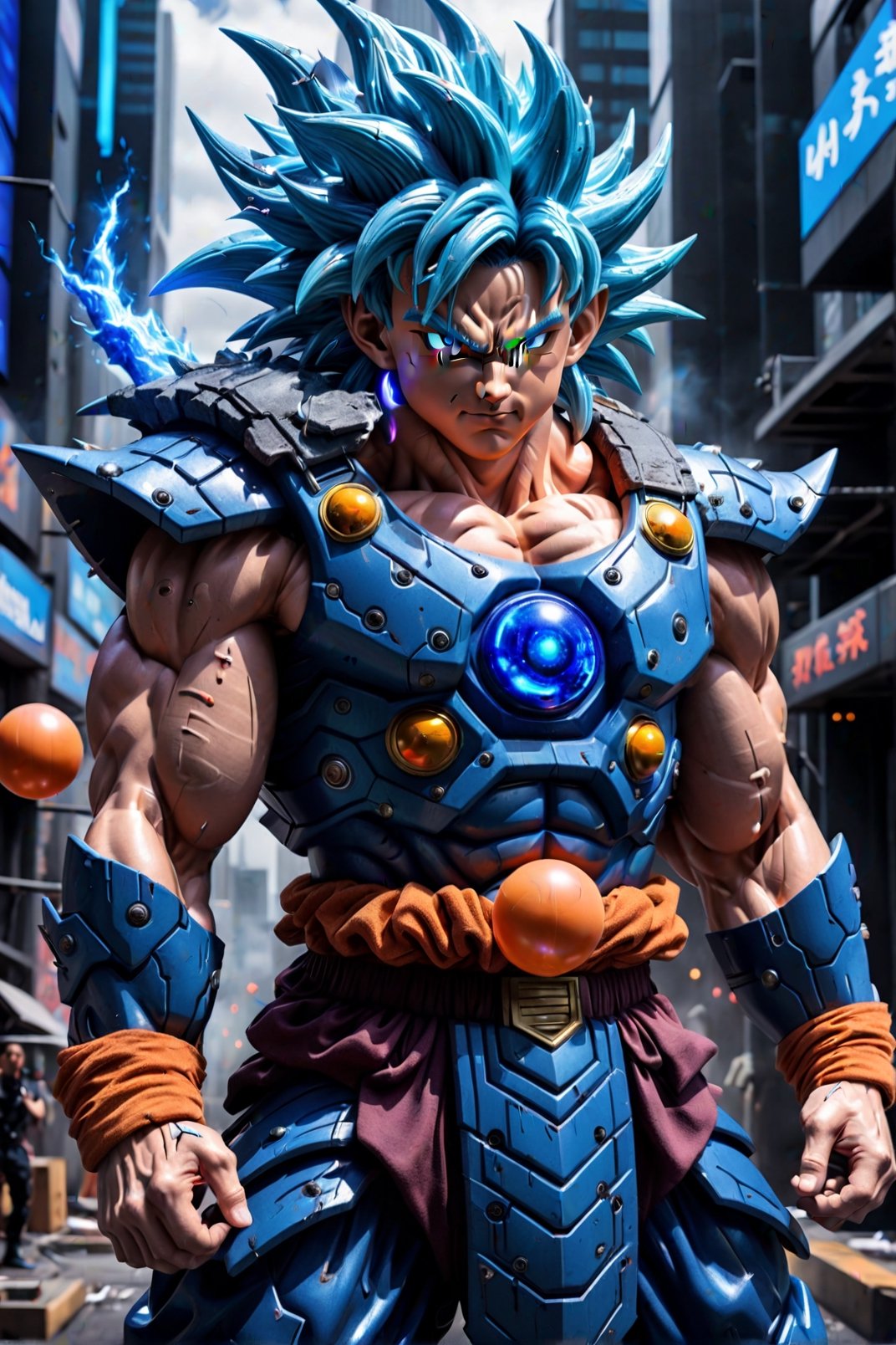 Super detailed live-action Dragon Ball Goku, strong exaggerated body, surrounded by blue energy, wearing armor, cyberpunk city, movie environment.