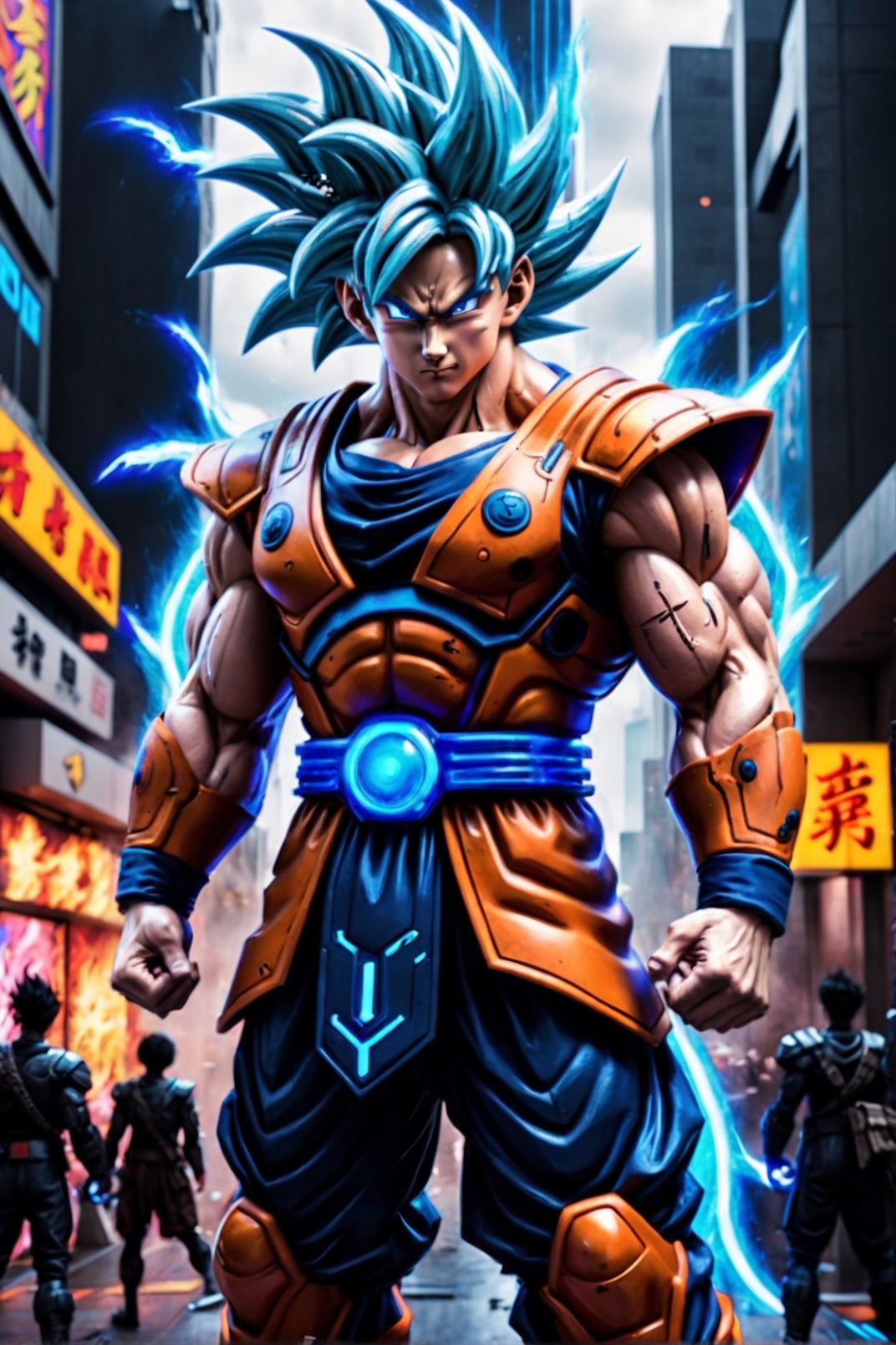 Super detailed live-action Dragon Ball Goku, strong exaggerated body, surrounded by blue energy, wearing armor, cyberpunk city, movie environment.