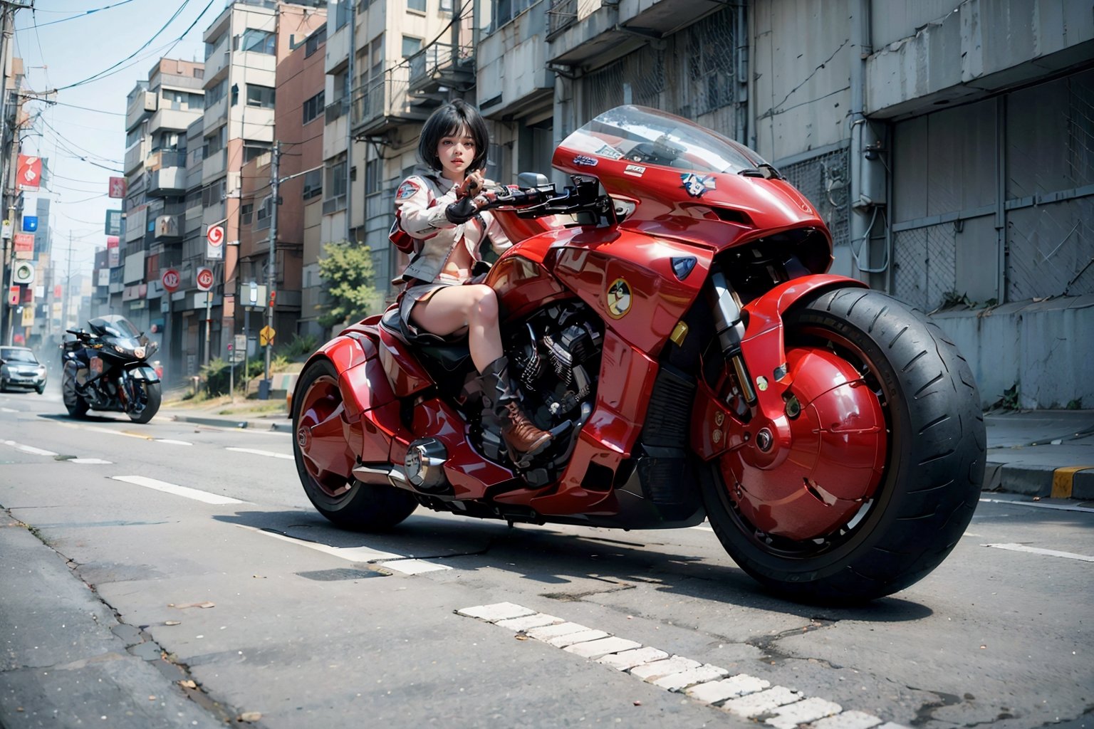 (Realistic, Photorealistic: 1.3), Original, Masterpiece, 16K, High Contrast, (Highest Resolution Illustration), Photorealistic: 1.3, Side Light, ((Exquisite Details and Textures)), Cinematic Shot, Ultra Realistic Photo, Siena Natural Proportions, Full Body View, ((White Short Hair, Bangs)), ((1 Girl on a White Motorcycle, Wearing a Red and White Armored Tight Leather Jacket)), Detailed Face, Abdomen, ((Perfect Details Kaneda Motorcycle)), (AKIRA), Cyberpunk City Night, ((Futuristic)), sprbk