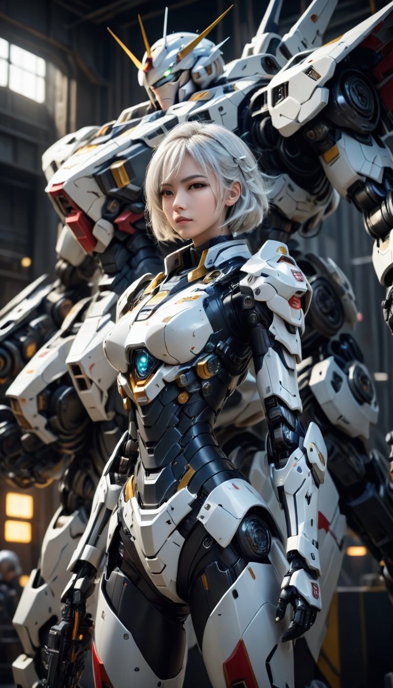 Best quality, original photos,
(Gundam and the cute young white-haired Japanese female operator: 1.2), big breasts,
The female officer standing in the foreground,
Behind it stands a heavy armored battle robot,
Huge, cybertoid, look cam, full body, bold lines, very detailed,
(realistic: 1.4), (interior lighting: 1.4) (fractal: 0.1),
white, sharp focus, masterpiece, high quality,
Shallow depth of field detailed background,
The background is a blurry heavy industry science fiction scene,
convey depth and complexity