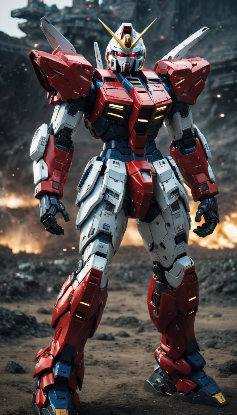 Best quality, original photos,
(Red, white and black Gundam and Boy: 1.2), strong body
The male officer standing at the front,
Behind it stands a red, blue and yellow heavy armored combat robot.
Huge, cybertoid, watch cam, full body, bold lines, very detailed,
(real: 1.4), (internal illumination: 1.4) (fractal: 0.1),
white, sharp focus, masterpiece, high quality,
Shallow depth of field detailed background,
The background is a blurry science fiction scene,
convey depth and complexity