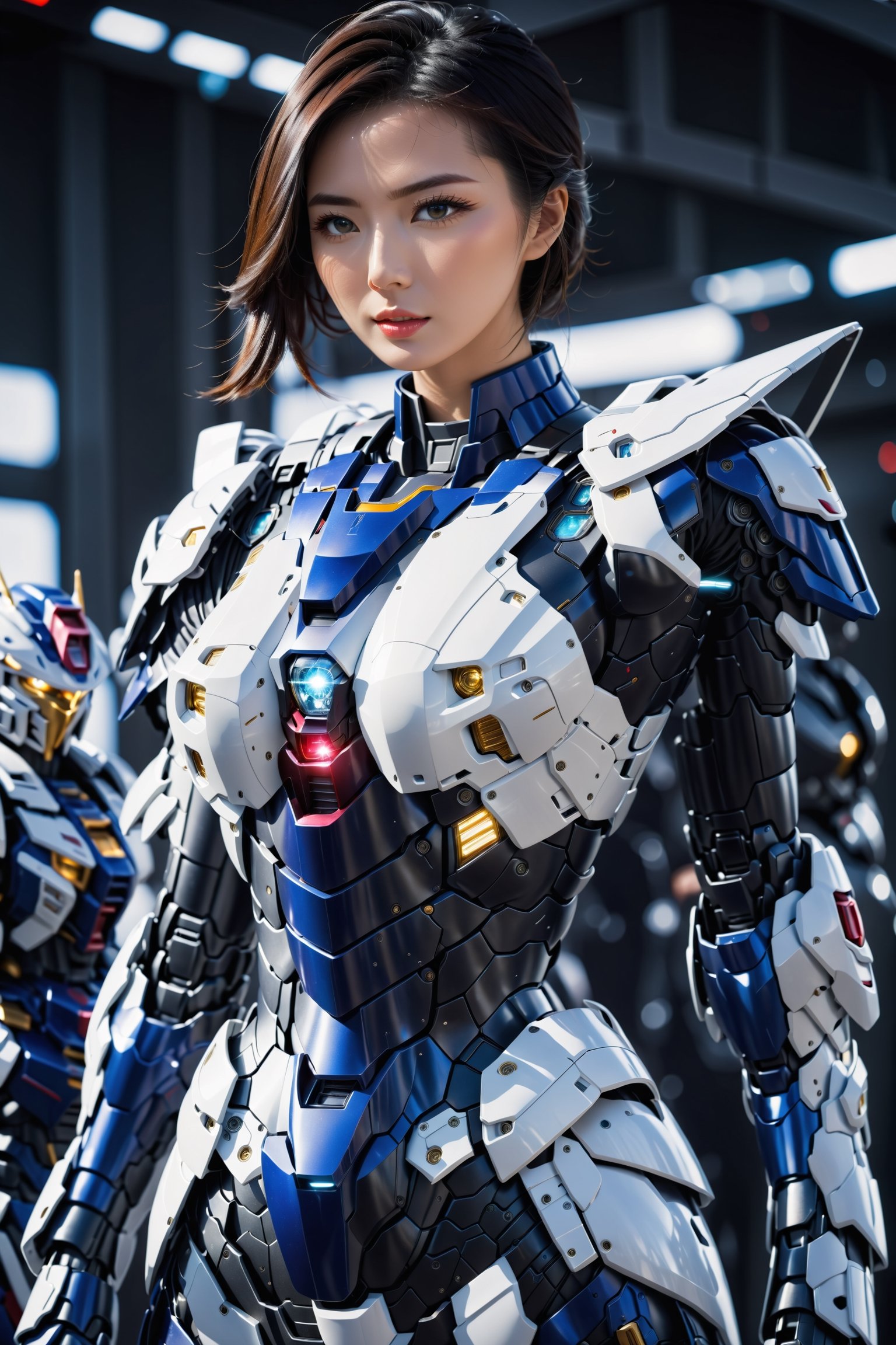 Best quality, original photos,
(Black and white Gundam and cute young Japanese female operator: 1.2) Big breasts,
The female officer standing at the front,
Behind it stood a heavily armored battle robot.
Huge, cybertoid, watch cam, full body, bold lines, very detailed,
(real: 1.4), (internal illumination: 1.4) (fractal: 0.1),
white, sharp focus, masterpiece, high quality,
Shallow depth of field detailed background,
The background is a blurry science fiction scene,
convey depth and complexity