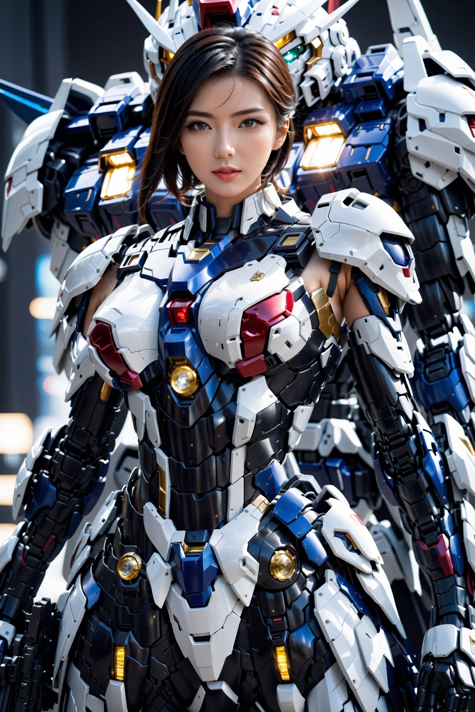 Best quality, original photos,
(Black and white Gundam and cute young Japanese female operator: 1.2) Big breasts,
The female officer standing at the front,
Behind it stood a heavily armored battle robot.
Huge, cybertoid, watch cam, full body, bold lines, very detailed,
(real: 1.4), (internal illumination: 1.4) (fractal: 0.1),
white, sharp focus, masterpiece, high quality,
Shallow depth of field detailed background,
The background is a blurry science fiction scene,
convey depth and complexity