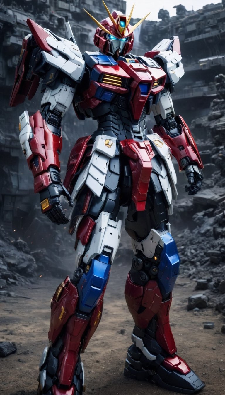 Best quality, original photos,
(Red, white and black Gundam and men: 1.2), strong body
The male officer standing at the front,
Behind it stands a red, blue and yellow heavy armored combat robot.
Huge, cybertoid, watch cam, full body, bold lines, very detailed,
(real: 1.4), (internal illumination: 1.4) (fractal: 0.1),
white, sharp focus, masterpiece, high quality,
Shallow depth of field detailed background,
The background is a blurry science fiction scene,
convey depth and complexity