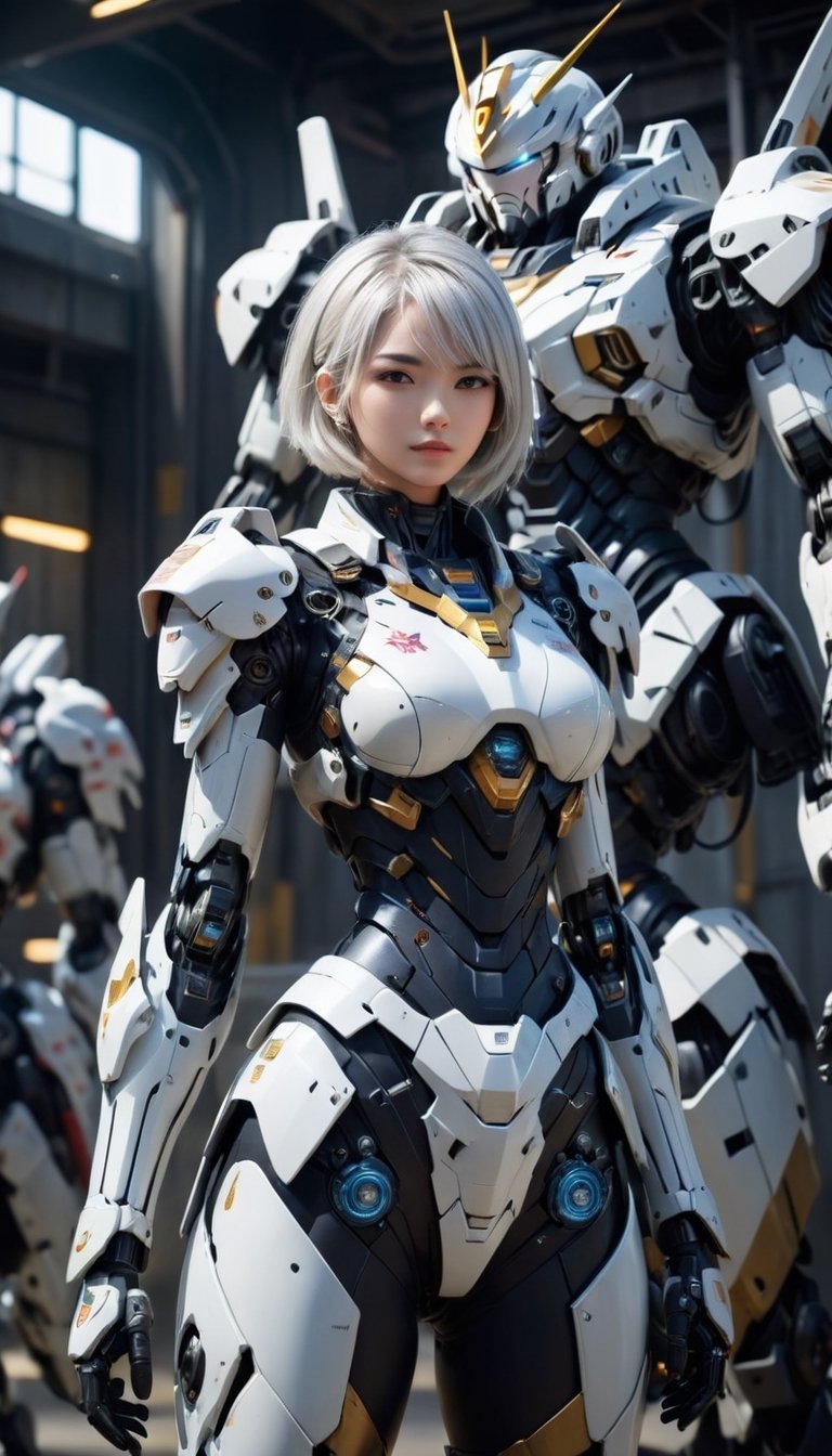 Best quality, original photos,
(Gundam and the cute young white-haired Japanese female operator: 1.2), big breasts,
The female officer standing in the foreground,
Behind it stands a heavy armored battle robot,
Huge, cybertoid, look cam, full body, bold lines, very detailed,
(realistic: 1.4), (interior lighting: 1.4) (fractal: 0.1),
white, sharp focus, masterpiece, high quality,
Shallow depth of field detailed background,
The background is a blurry heavy industry science fiction scene,
convey depth and complexity