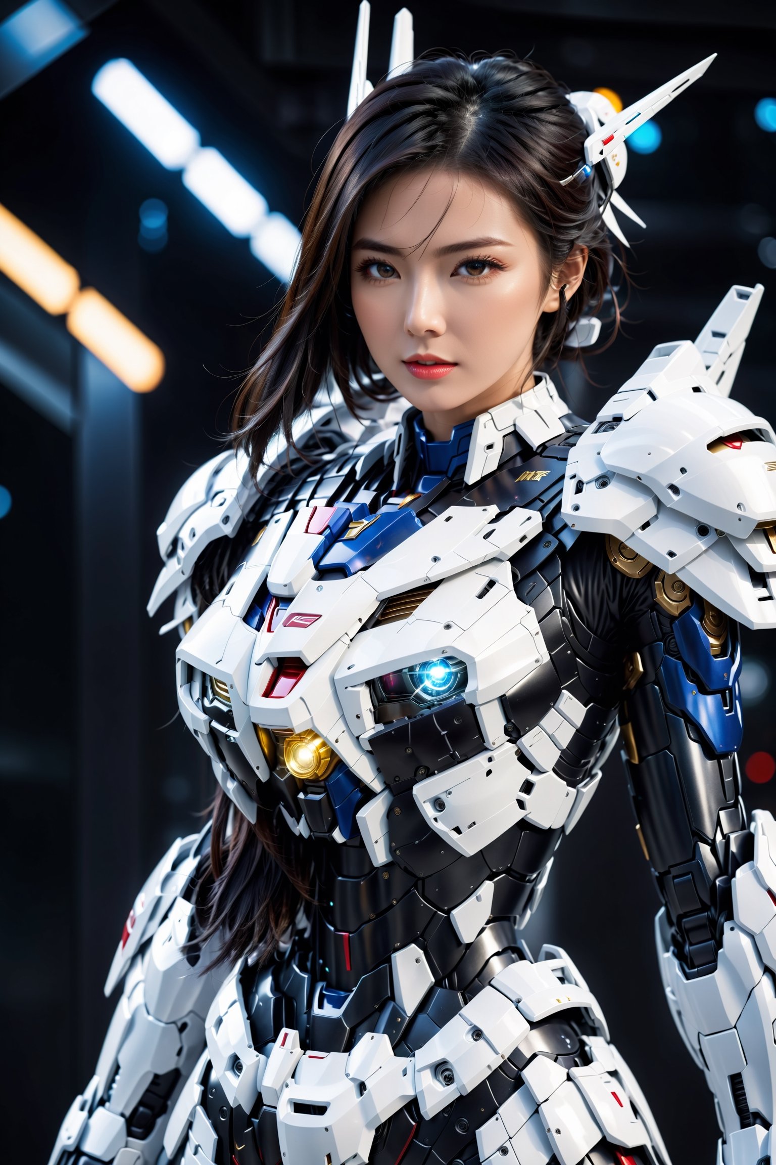 Best quality, original photos,
(Black and white Gundam and cute young Japanese female operator: 1.2) Big breasts,
The female officer standing at the front,
Behind it stood a heavily armored battle robot.
Huge, cybertoid, watch cam, full body, bold lines, very detailed,
(real: 1.4), (internal illumination: 1.4) (fractal: 0.1),
white, sharp focus, masterpiece, high quality,
Shallow depth of field detailed background,
The background is a blurry science fiction scene,
convey depth and complexity