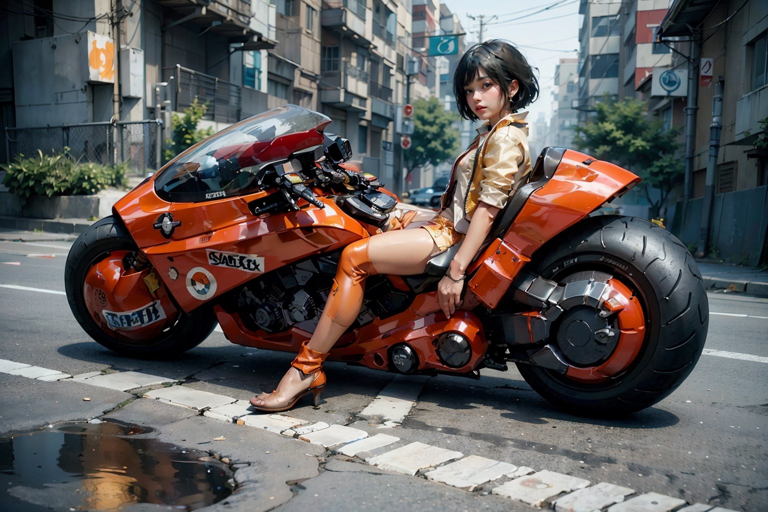 (Realistic, Photorealistic: 1.3), Original, Masterpiece, 16K, High Contrast, (Highest Resolution Illustration), Photorealistic: 1.3, Side Light, ((Exquisite Details and Textures)), Cinematic Shot, Ultra Realistic Photo, Siena Natural Proportions, Full Body View, ((White Short Hair, Bangs)), ((1 Girl on Motorcycle, Starcraft 2 Novaphoto, Wearing Yellow Tight Leather Jacket)), Detailed Face, Abdomen, ((Perfect Details Kaneda Motorcycle)), (AKIRA), Cyberpunk City Night, ((Futuristic)), sprbk