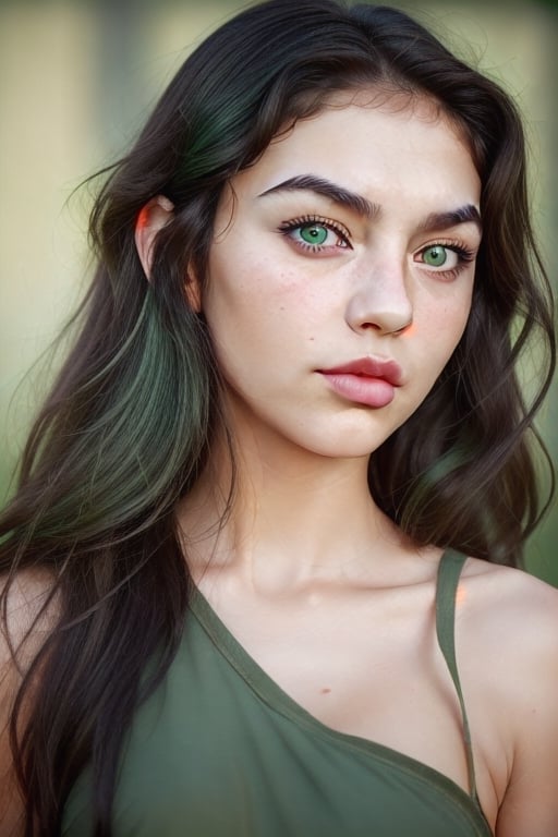 create a girl with Thai, Israeli, and German heritage. dark slightly wavy hair and shoulder length. green eyes and full lips. thick eyebrows. realistic. use Kodak 400. only one image. 