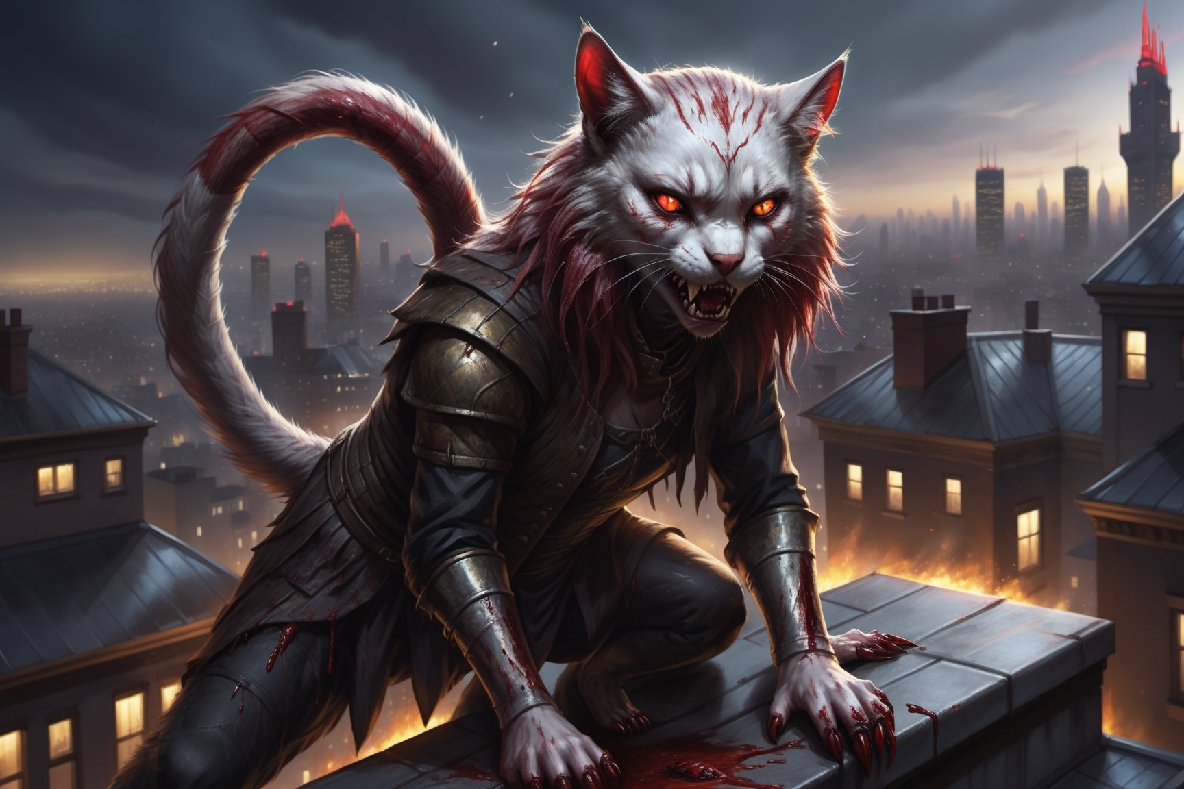 A gothic anthropomorphic cat-human with fur as red as blood and eyes as yellow as fire crouches on a rooftop, its sharp fangs bared as it prepares to pounce on its unsuspecting prey below. The city lights glint off its sleek, metallic claws, giving it an otherworldly appearance.