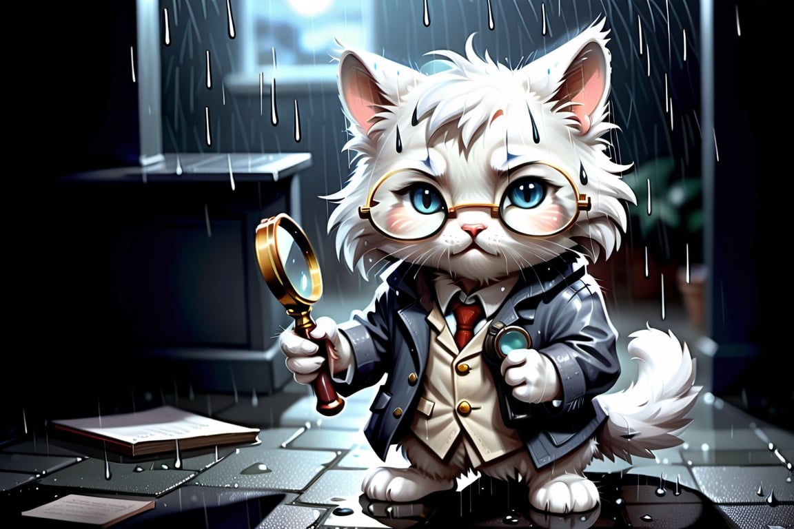 ""Stunning portrait of a cute adorable chibi fluffy cat as a detective holding a magnifier glass, solving crimes" in the dark night, Rain, a highly intricate and elaborate hyperdetailed matte painting. by Ismail Inceoglu, Dino Tomic, Huang Guangjian, Even Amundsen, Enki Bilal, Alejandro Burdisio and Jean-Baptiste Monge, album cover art, poster art"