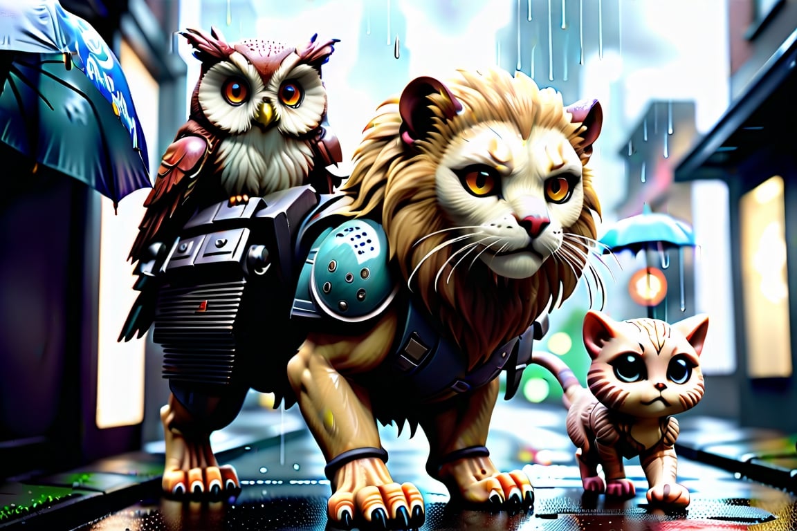  a lion a cat an owl and a ferret walking through a rainy city, antropomorph humanlike, cinematic fairy tale photography, hyperrealistic, unreal, surreal, rainy, foliage, scary beautiful Epic cinematic brilliant stunning intricate meticulously detailed dramatic atmospheric maximalist digital matte painting steampunk engine cyberpunk 2099 blade runner 2049 neon 3D Game Cinematic Feel, Epic 3D Videogame Graphics, Intricately Detailed, 8K Resolution, Dynamic Lighting, Unreal Engine 5, CryEngine, Trending on ArtStation, HDR, 3D Masterpiece, Unity Render, Perfect Composition