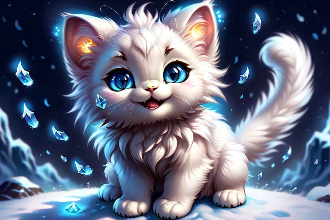 the beautiful masterful fantastical fantasycore painting of a cute cat cub with shimmering fluffy fiel, sparkling happy eyes and glowing magical runes, emotional expression, happy accident, mid shot, sharp focus, highly detailed, realistic, breathtaking masterpiece,zhibi