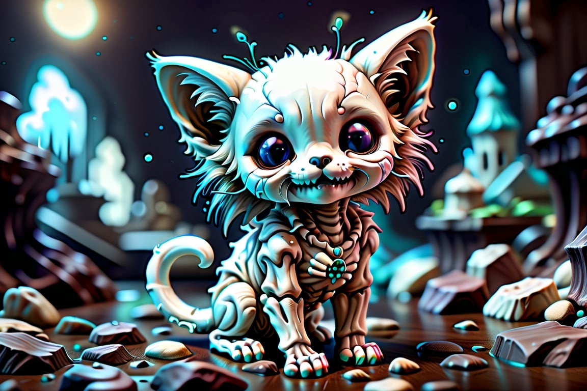 ""Cute adorable skeleton kitten, bioluminescent" breathtaking fairytale concept art, by Alberto Seveso, Cyril Rolando, Dan Mumford, Carne Griffiths, Meaningful Visual Art, Detailed Strange Painting, Digital Illustration, Unreal Engine 5, 32k maximalist, hyperdetailed fantasy art, 3d digital art, sharp focus, masterpiece, fine art"