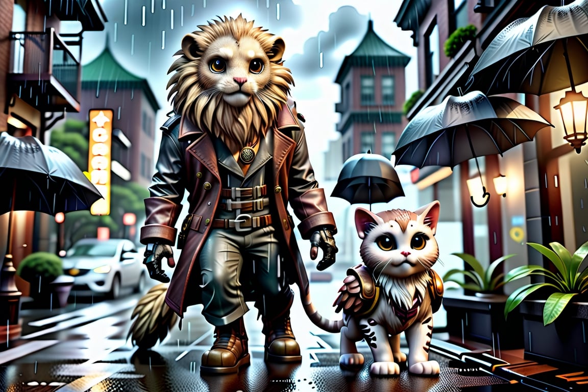  a lion a cat an owl a ferret walking through a rainy city, cinematic fairy tale photography, hyperrealistic, unreal, surreal, rainy, foliage, scary beautiful Epic cinematic brilliant stunning intricate meticulously detailed dramatic atmospheric maximalist digital matte painting steampunk engine cyberpunk Cinematic Feel, Epic 3D Videogame Graphics, Intricately Detailed, 8K Resolution, Dynamic Lighting, Unreal Engine 5, CryEngine, Trending on ArtStation, HDR, 3D Masterpiece, Unity Render, Perfect Composition,zhibi