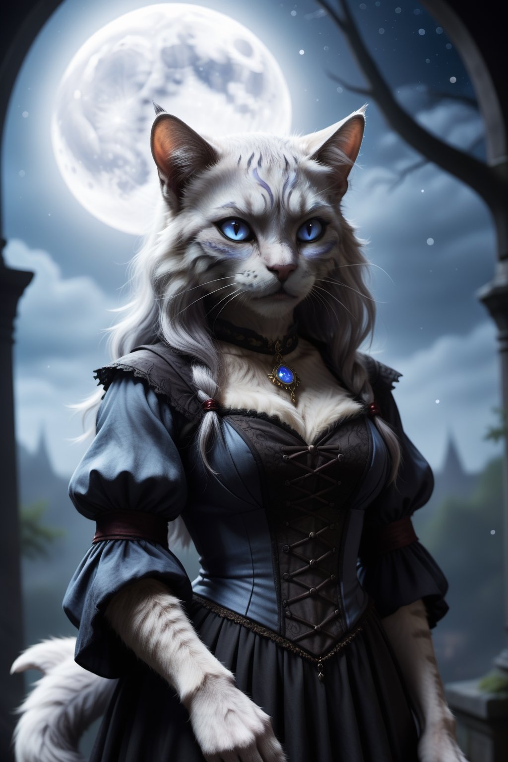 anthropomorphic furry cat-human, moonlight and mystic atmosphere, magical scenery, gothic style