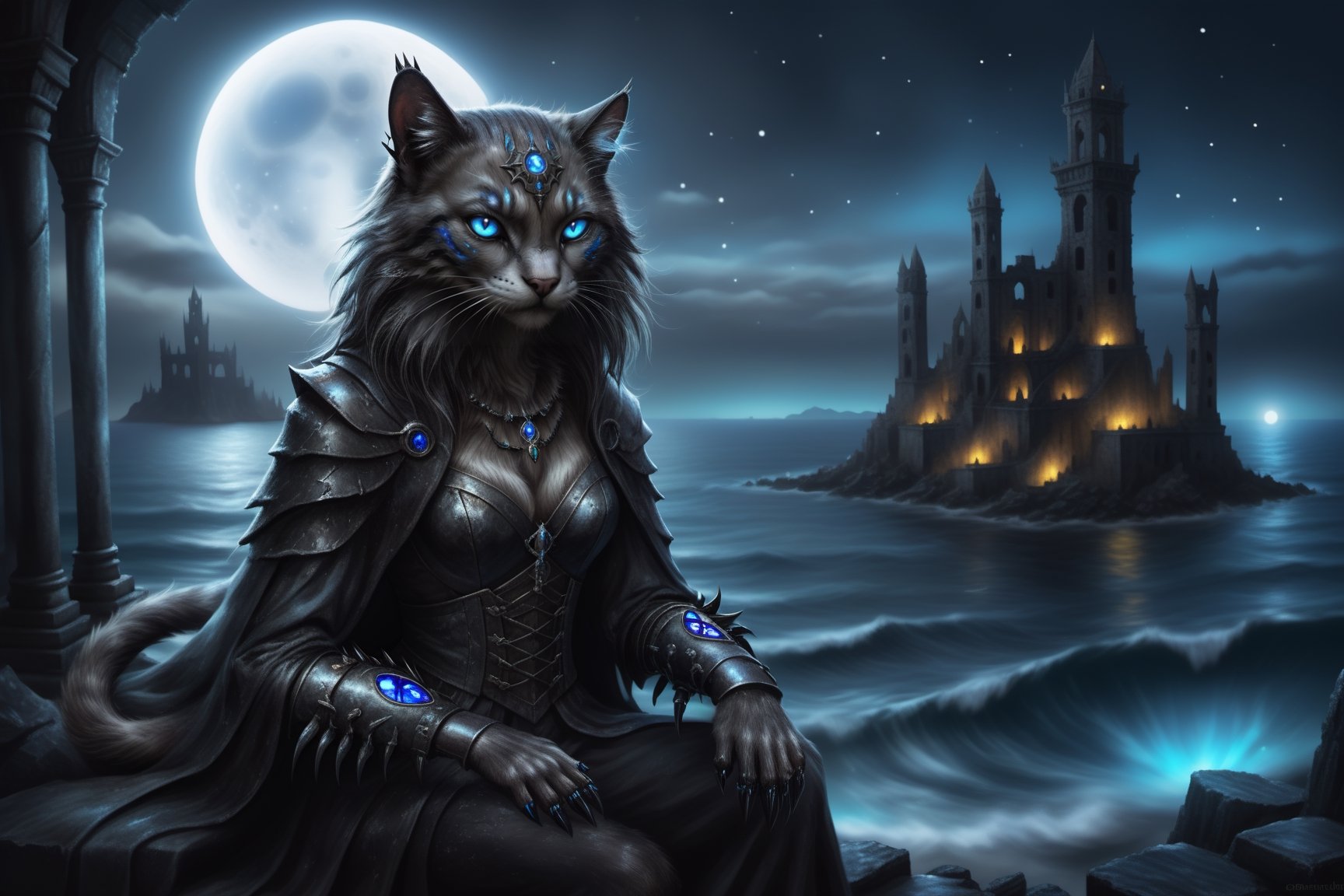 A gothic anthropomorphic cat-human,  black fur,  blue eyes,  paws with iron claws,  mystical dark ruins at the ocean,  moonlight,  magical atmosphere, city lights glint off its sleek, LegendDarkFantasy